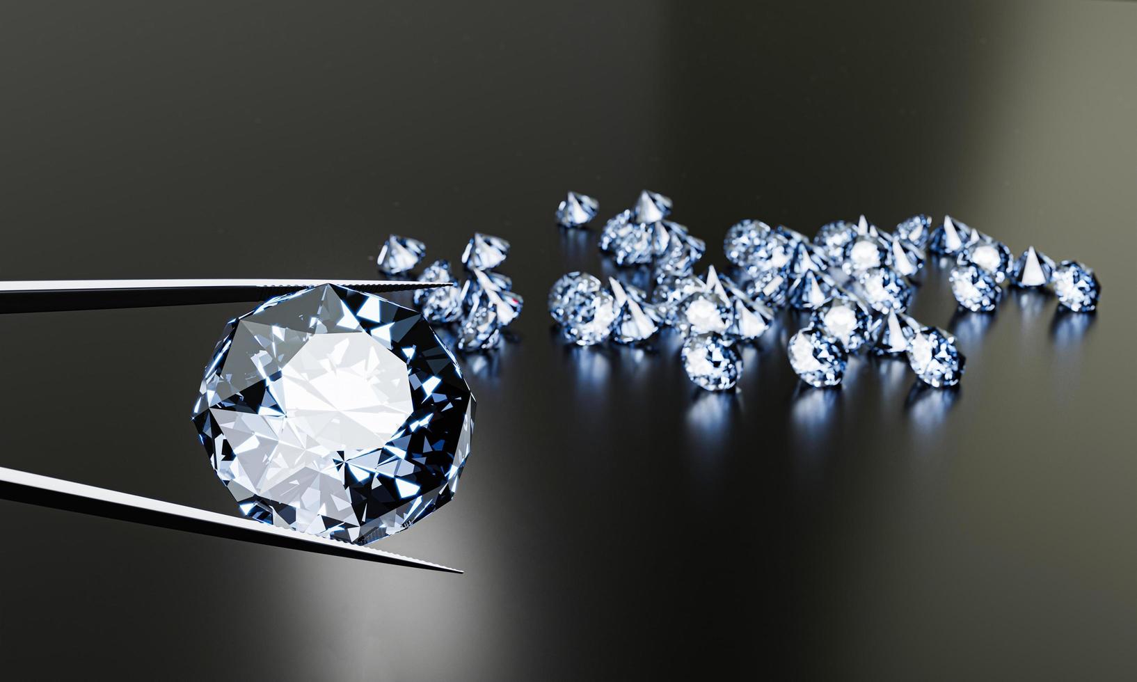 Der Diamant wird mit einer Zange festgeklemmt. Viele Diamanten als Hintergrund auf dem Tisch platziert. 3D-Rendering foto