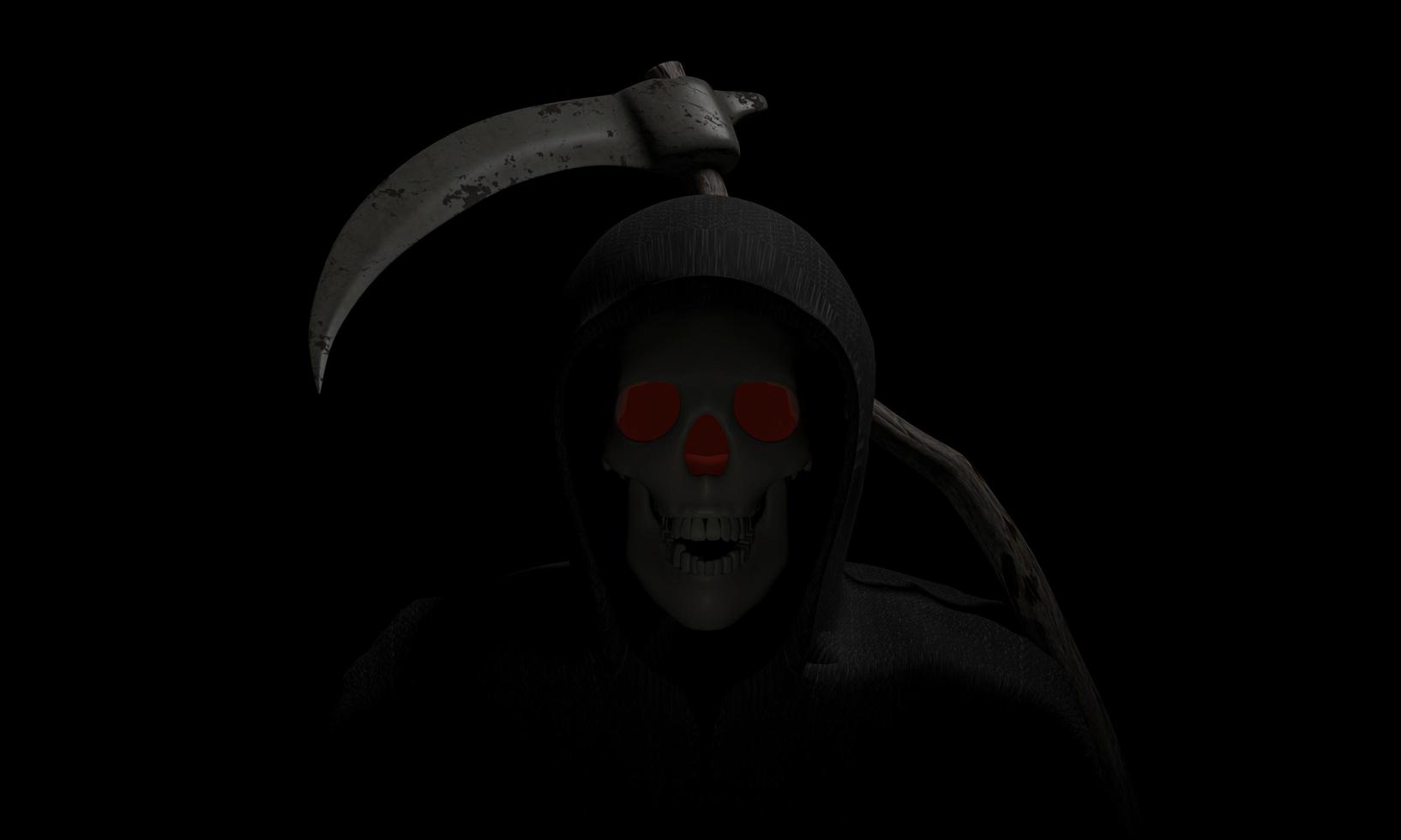 der Schädel des Todesgottes, ein schwarzer Umhang mit Kapuze. Sichel, Metall, langer Holzgriff, die Waffe des Todesgottes 3D-Rendering foto