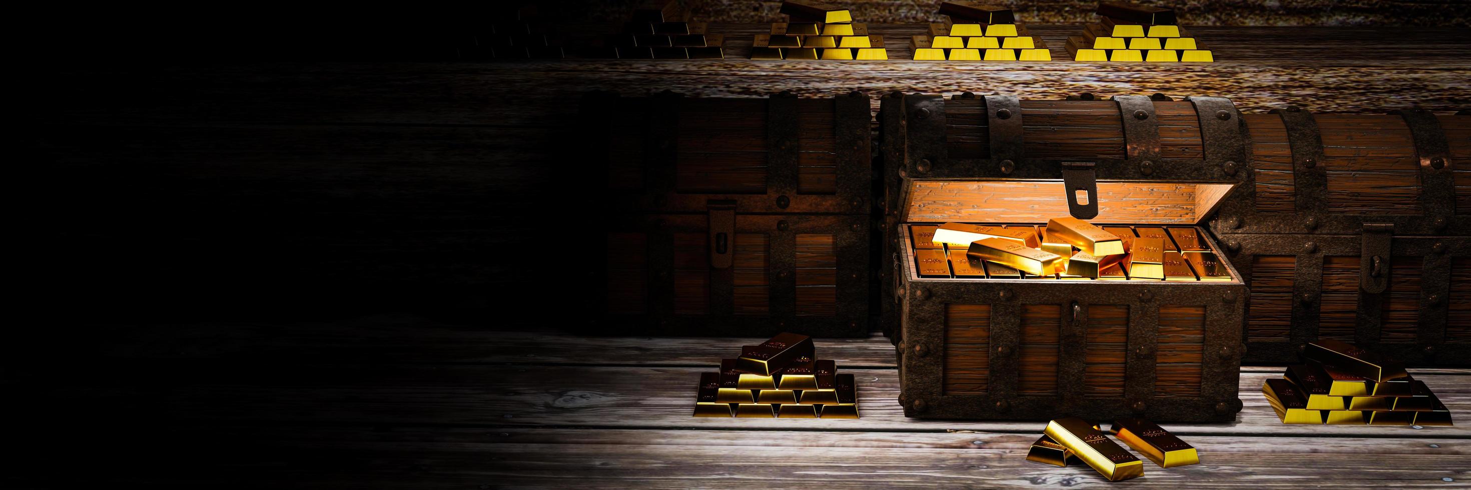 Goldbarren oder Barren werden in eine Schatztruhe gelegt. Die Schatzkiste ist aus altem rostigem Metallholz, im Inneren befindet sich ein Goldbarren. die beliebtesten Vermögenswerte in der Sammlung von Investoren foto