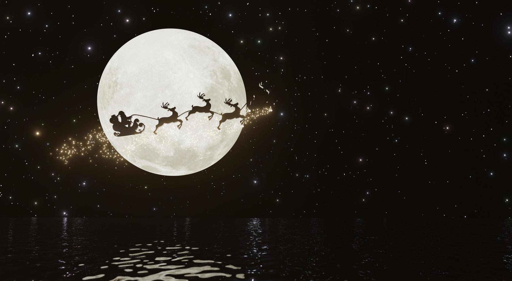 silhouette weihnachtsmann und rentier mit goldenem magischem funkeln, das im dunklen himmel mit vollmond und vielen sternen fliegt. konzept für heiligabend. foto