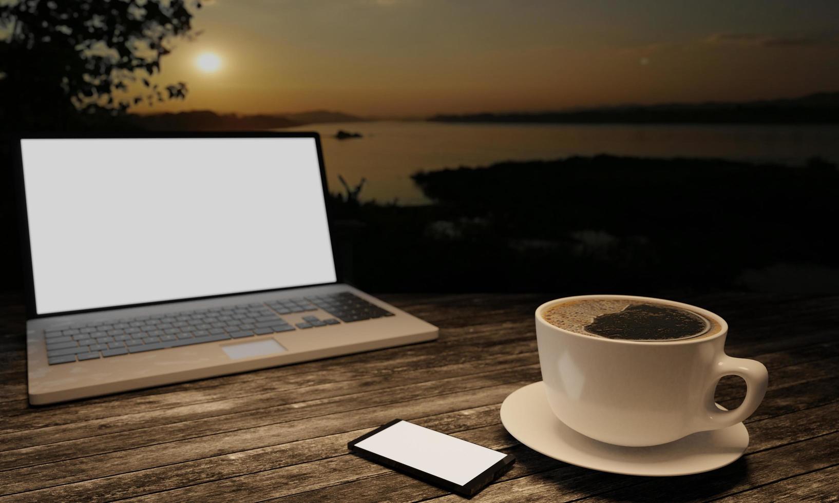 schwarzer kaffee in weißer tasse auf holztisch. unscharfer leerer bildschirm labtop, schwarzer smartphone-weißer bildschirm auf dem tisch. kopierraum arbeitstisch und reisekonzept. 3D-Rendering. foto