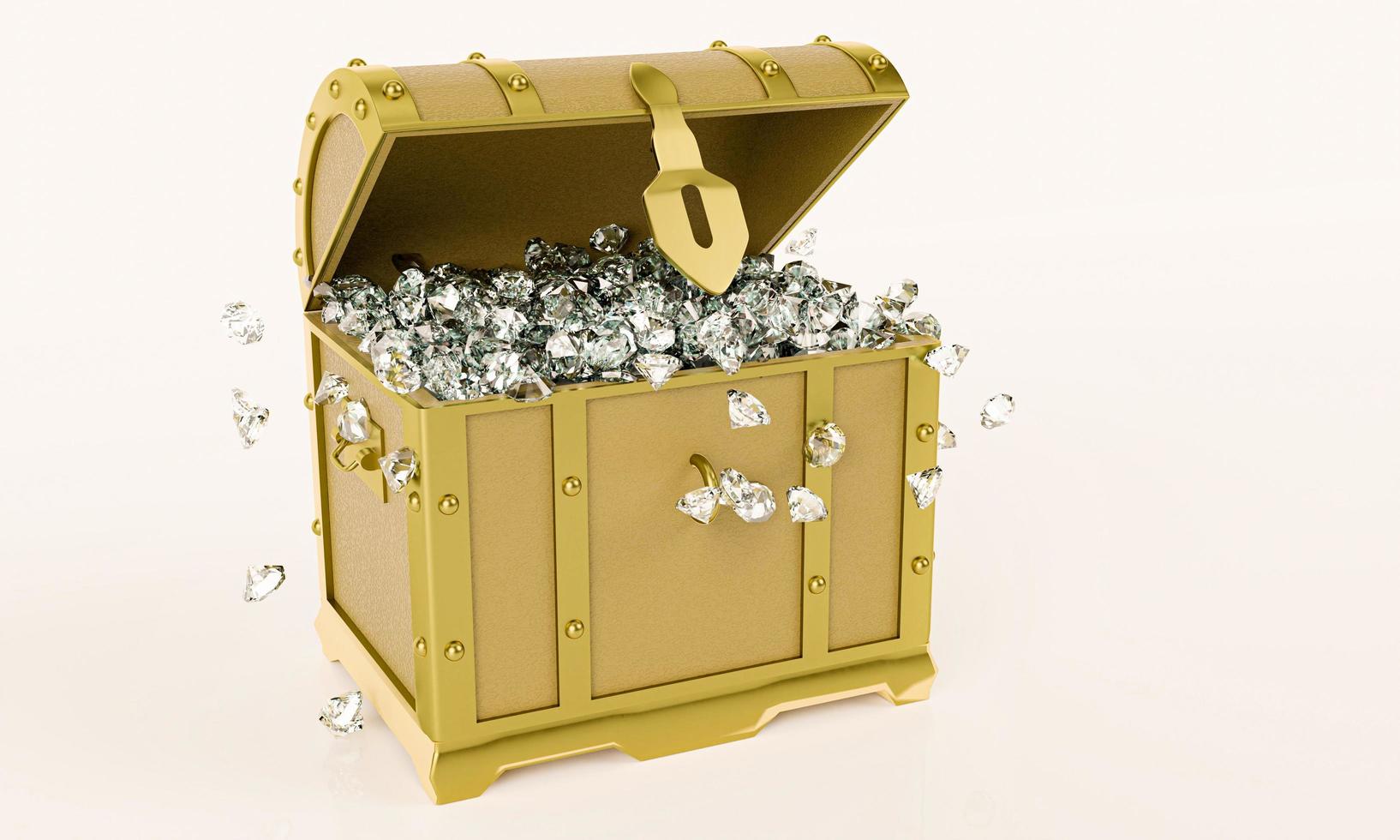 Viele Diamanten in goldener Vintage-Schatzkiste werden für Edelstein-Aufbewahrungsboxen verwendet. isoliert auf weißem Hintergrund und Tapete. 3D-Rendering. foto