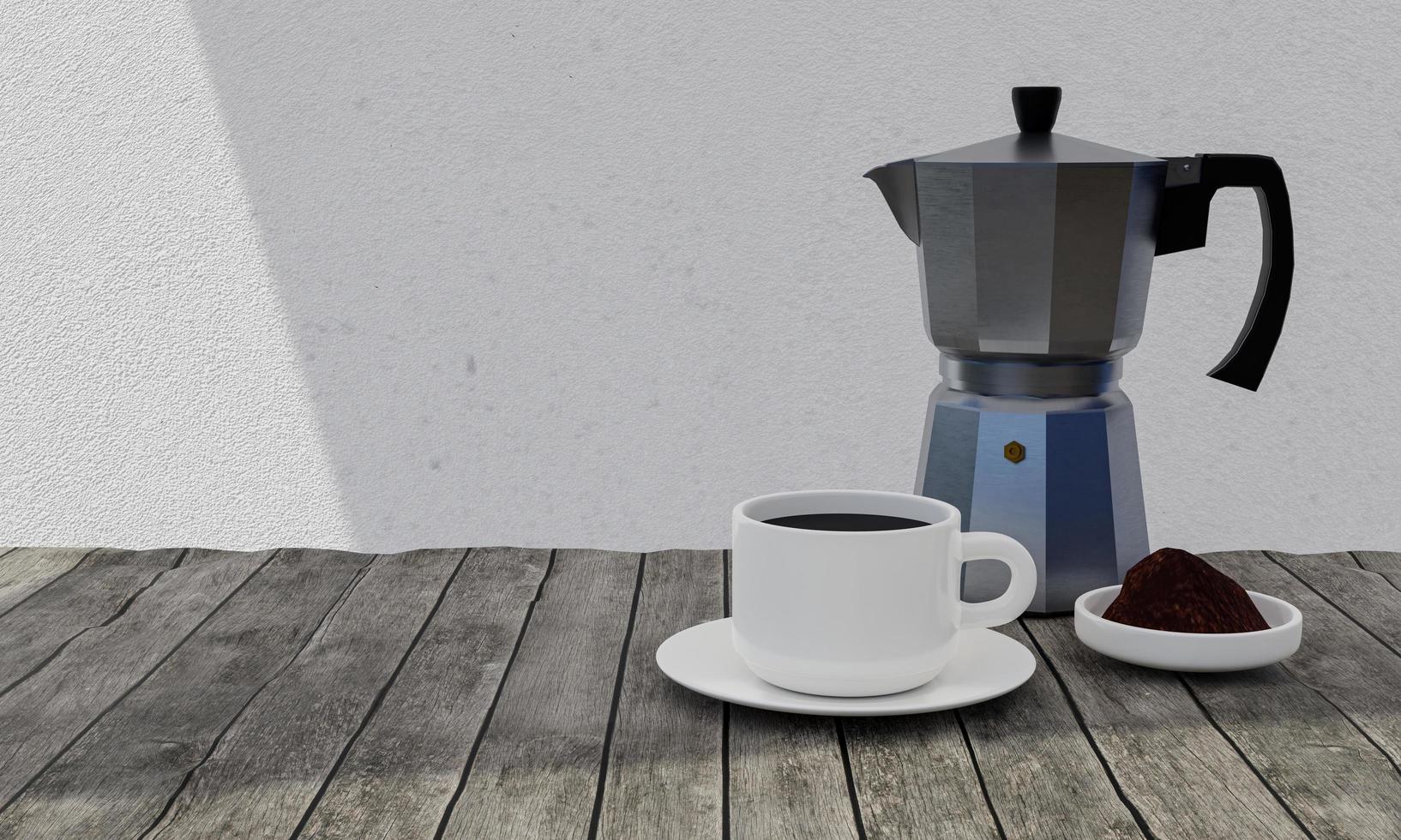 tragbare Kaffeekanne für die Zubereitung von Espresso. Kaffeekanne aus Aluminium. Verwendung mit Gasherden oder Magnetherden. weiße Gipswand und Holztisch. weißer Becher und Teller. 3D-Rendering. foto