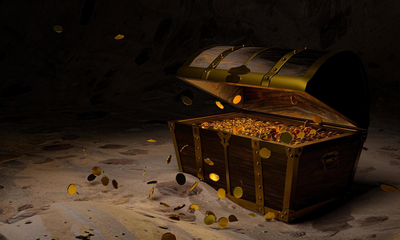 goldene Münzen in der antiken und alten Schatzkiste aus Holzplatten, die mit Goldmetall und Goldnadeln verstärkt sind, Schatzkisten, die auf dem Sand in einer Höhle oder Schatzkiste unter Wasser platziert sind. foto