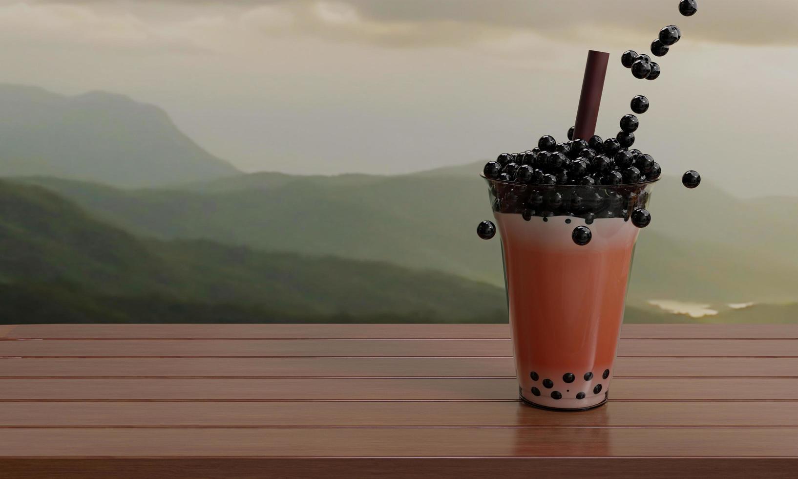 boba milchtee oder blasenmilchtee isoliert auf holztisch und bergblick. Essen und Trinken für den Sommer. 3D-Rendering. foto