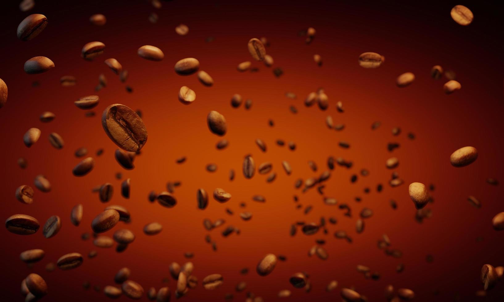 Massen von frisch gerösteten Kaffeebohnen steigen von unten auf. Kaffeebohnen breiten sich in der Luft aus. 3D-Rendering foto