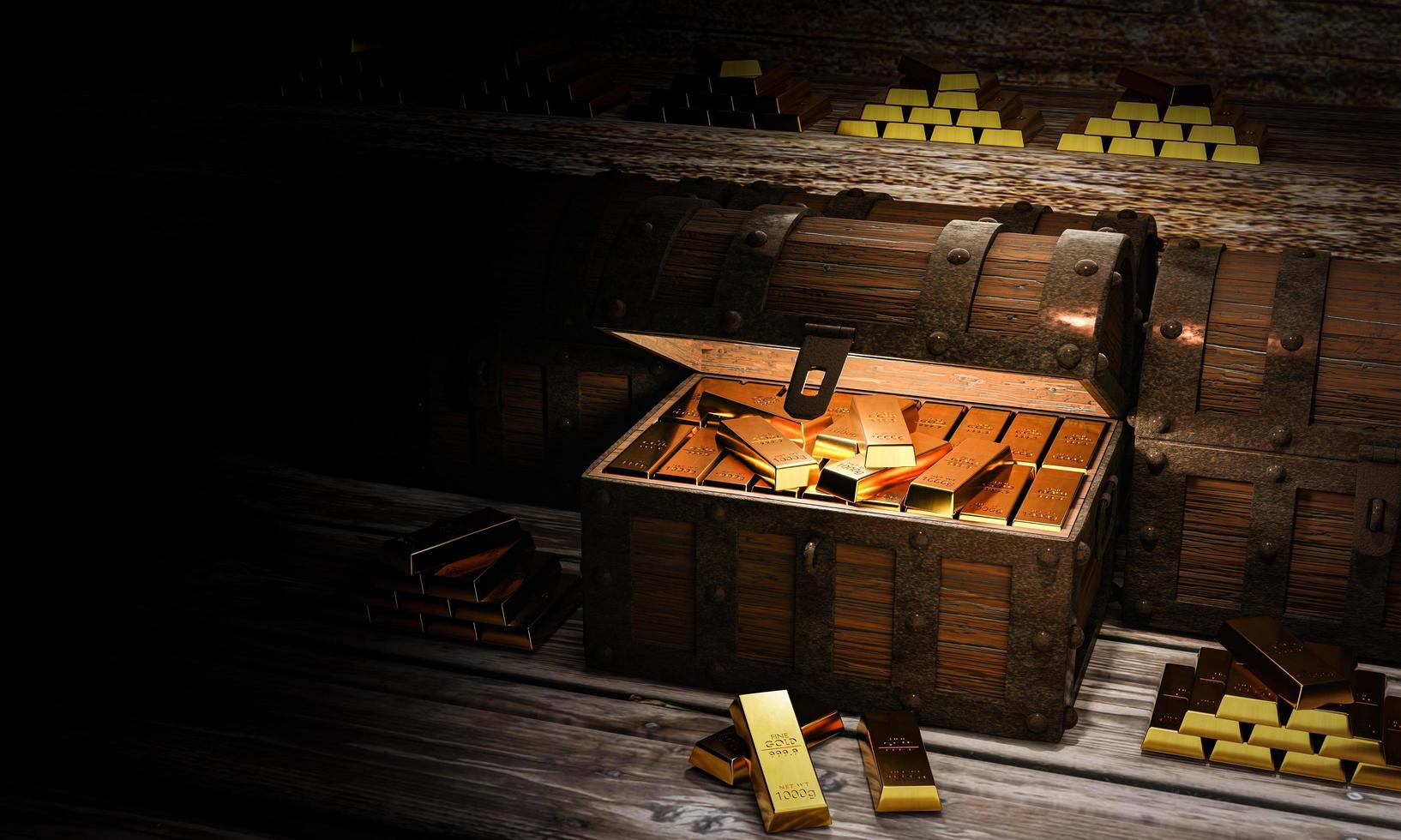 Goldbarren oder Barren werden in eine Schatztruhe gelegt. Die Schatzkiste ist aus altem rostigem Metallholz, im Inneren befindet sich ein Goldbarren. die beliebtesten Vermögenswerte in der Sammlung von Investoren. foto