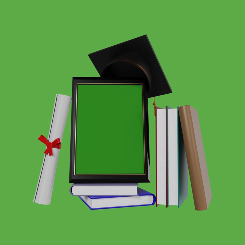 mockup-fotorahmen für abschlussglückwünsche mit büchern und kleidern, 3d-renderillustration foto