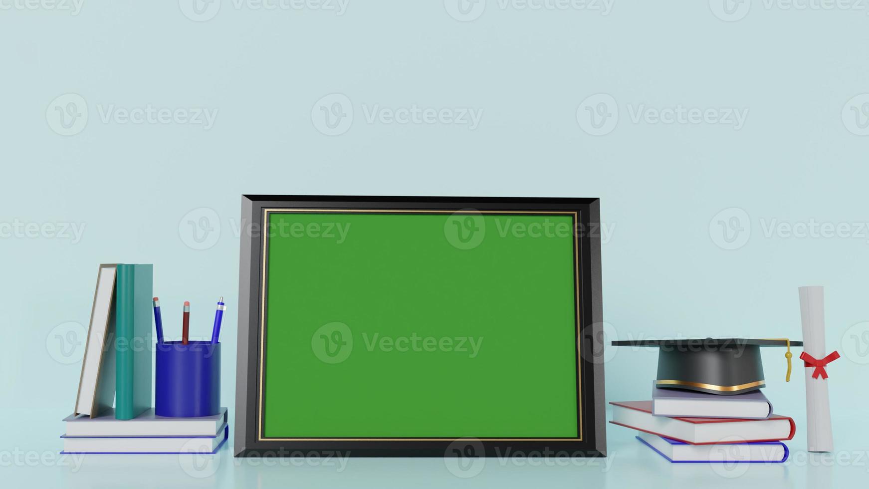 mockup-fotorahmen für abschlussglückwünsche mit büchern und kleidern, 3d-renderillustration foto