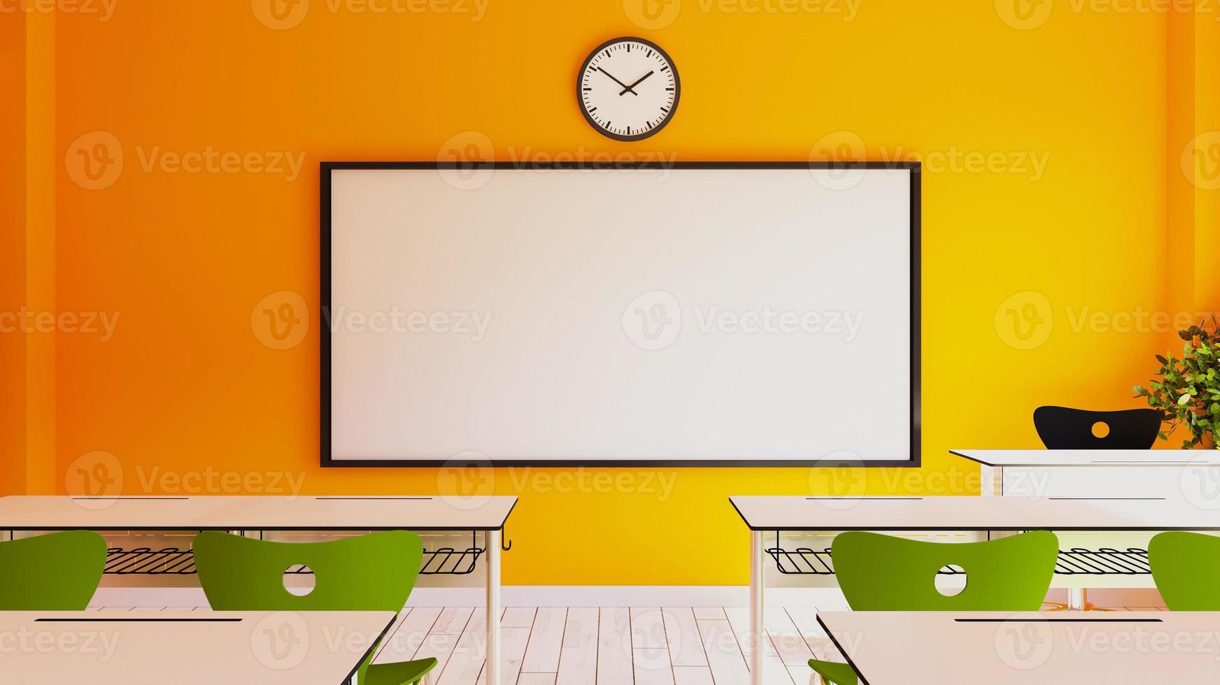 leeres interieur klassischer schulklassen mit weißer kreide auf der gelben wand 3d-rendering foto