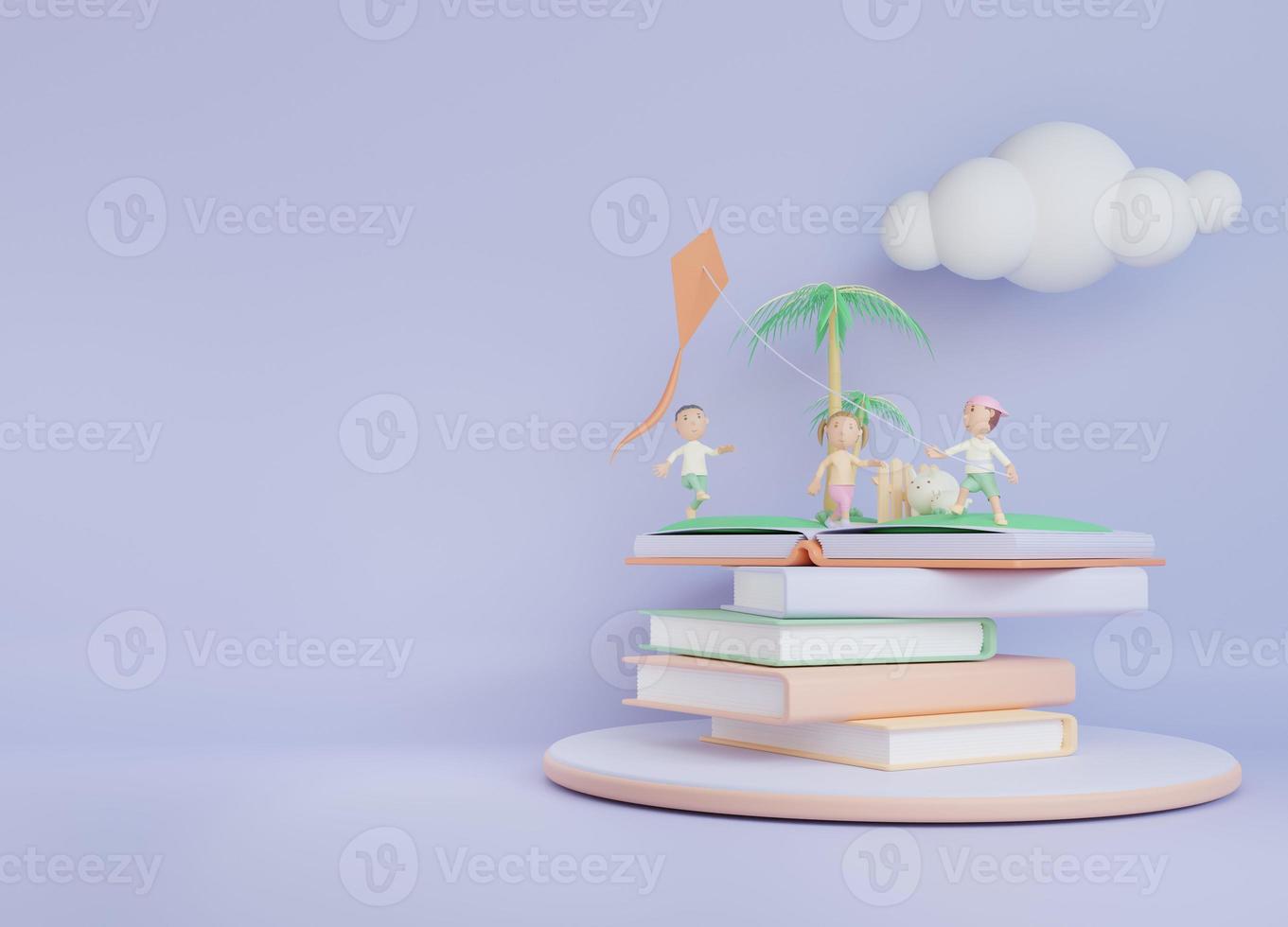 3D-Kinderbuchillustrationshintergrund mit dem Kind, das Drachen spielt foto