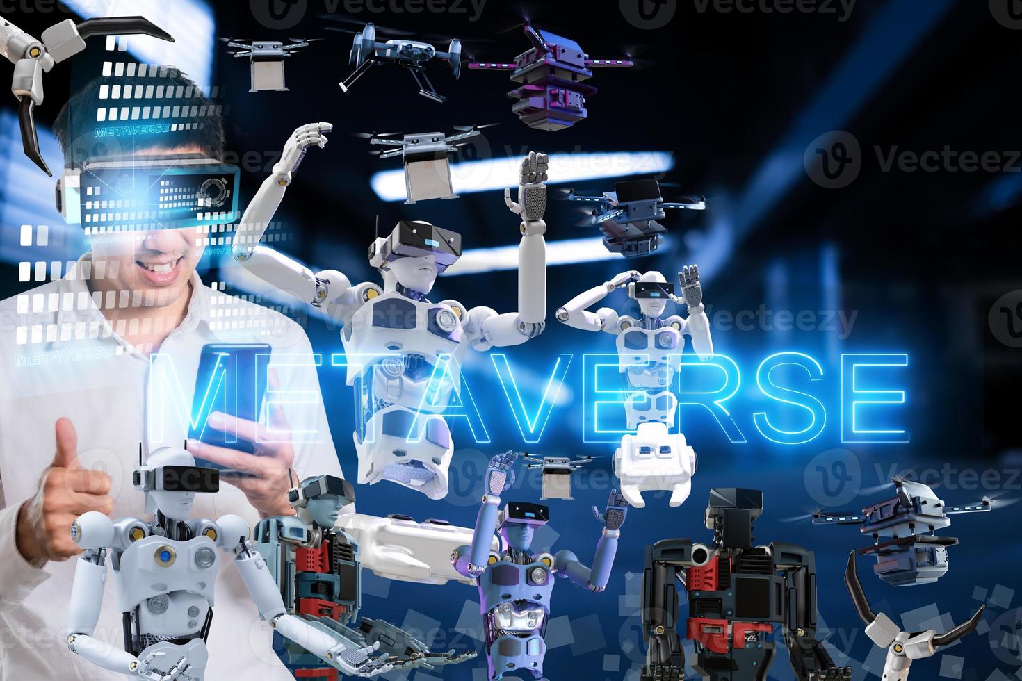 asiatischer mann mit robotergemeinschaft metaverse für vr avatar realitätsspiel virtuelle realität von menschen blockchain verbinden technologieinvestitionen, geschäftslebensstil foto