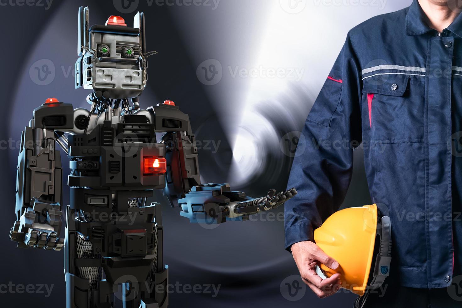 asiatischer mann mit robotergemeinschaft metaverse für vr avatar realitätsspiel virtuelle realität von menschen inspektor service connect technologie inspektor mechaniker wartungsroboter in der fabrik foto