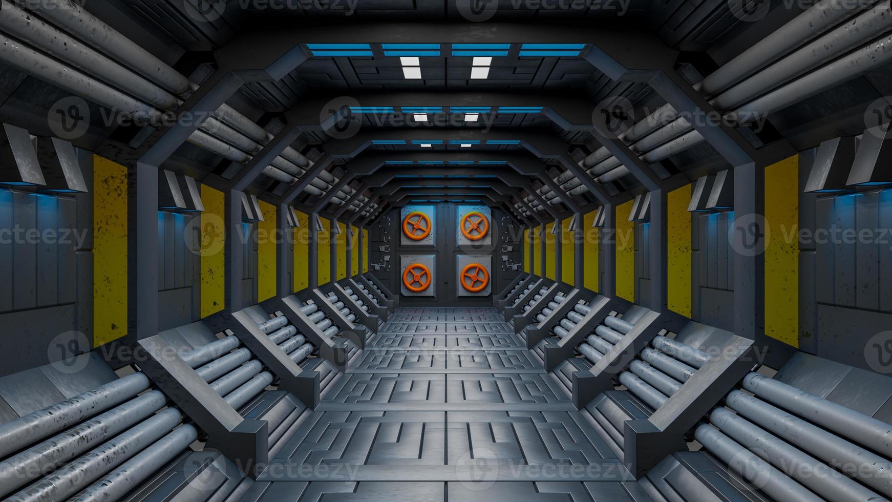 Spaceship Corridor ist ein Stock-Motion-Graphics-Video, das das Innere eines sich bewegenden Raumschiffs zeigt. 3D-Rendering foto