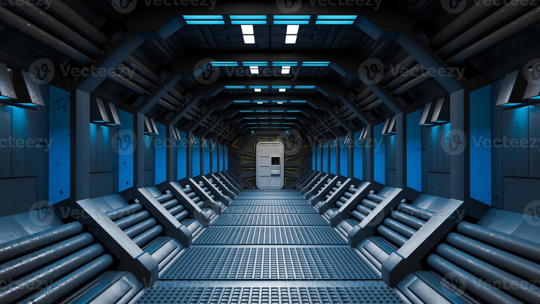 Spaceship Corridor ist ein Stock-Motion-Graphics-Video, das das Innere eines sich bewegenden Raumschiffs zeigt. 3D-Rendering foto