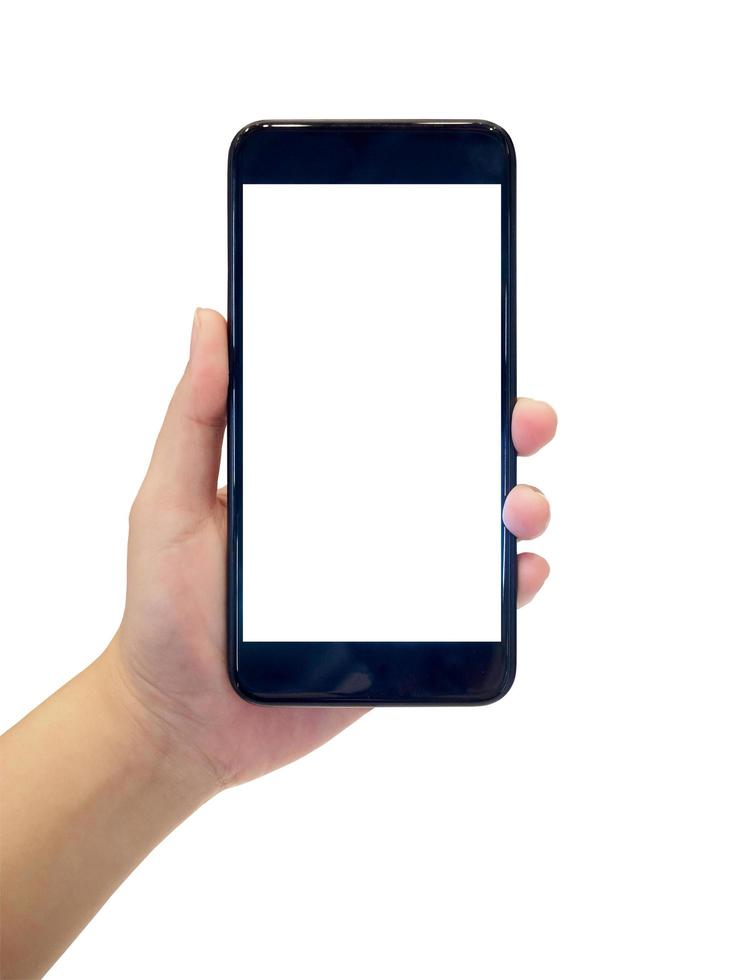 hand, die mobiles intelligentes telefon lokalisiert auf weiß hält foto