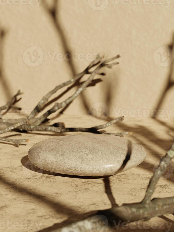 3D minimale Pebble Display Podeste mit getrockneten Ästen und Schatten auf beigem Hintergrund. 3D-Rendering einer abstrakten Präsentation für Produktwerbung. 3D-Minimaldarstellung. foto