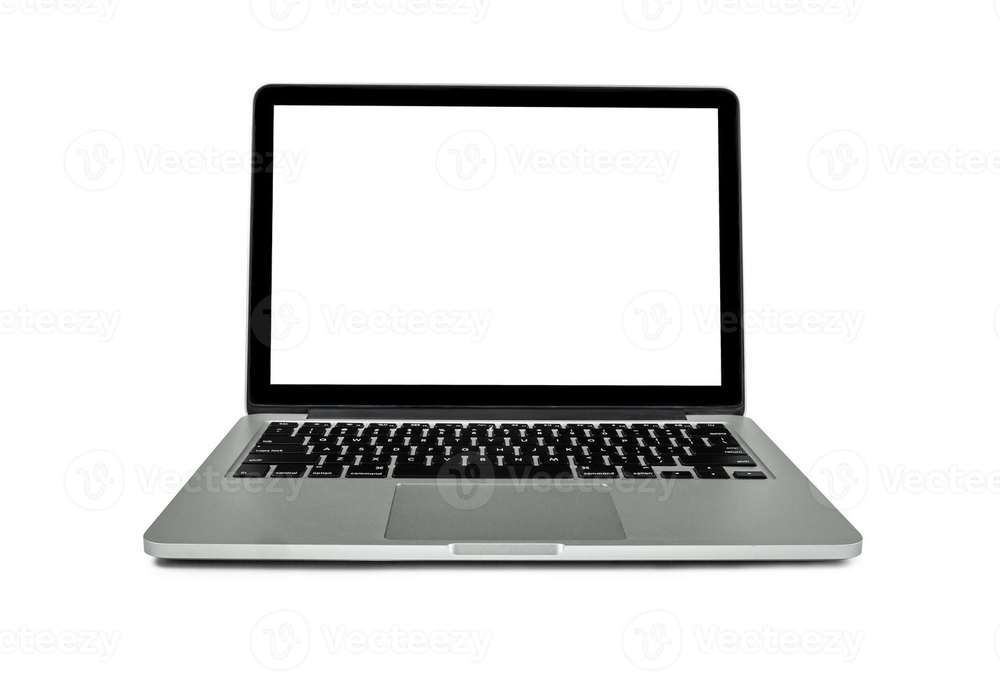 Laptop-Notizbuch mit leerem Bildschirm, Kopierbereich auf weißem Hintergrund für Mockup-Business-Marketing. foto