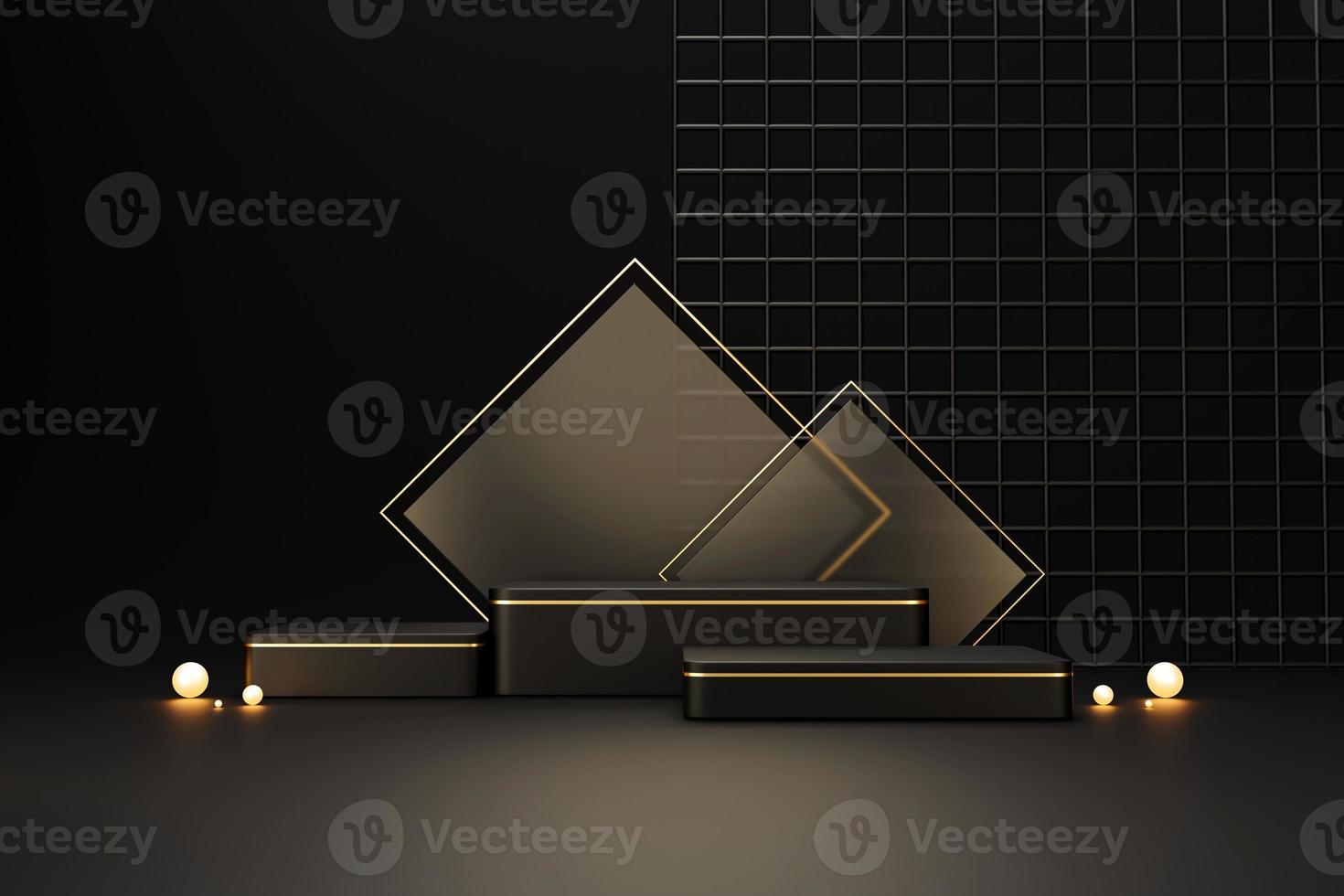 leere schwarz-goldene luxus-podest-produktanzeige und geschenkbox-hintergrund-3d-rendering foto