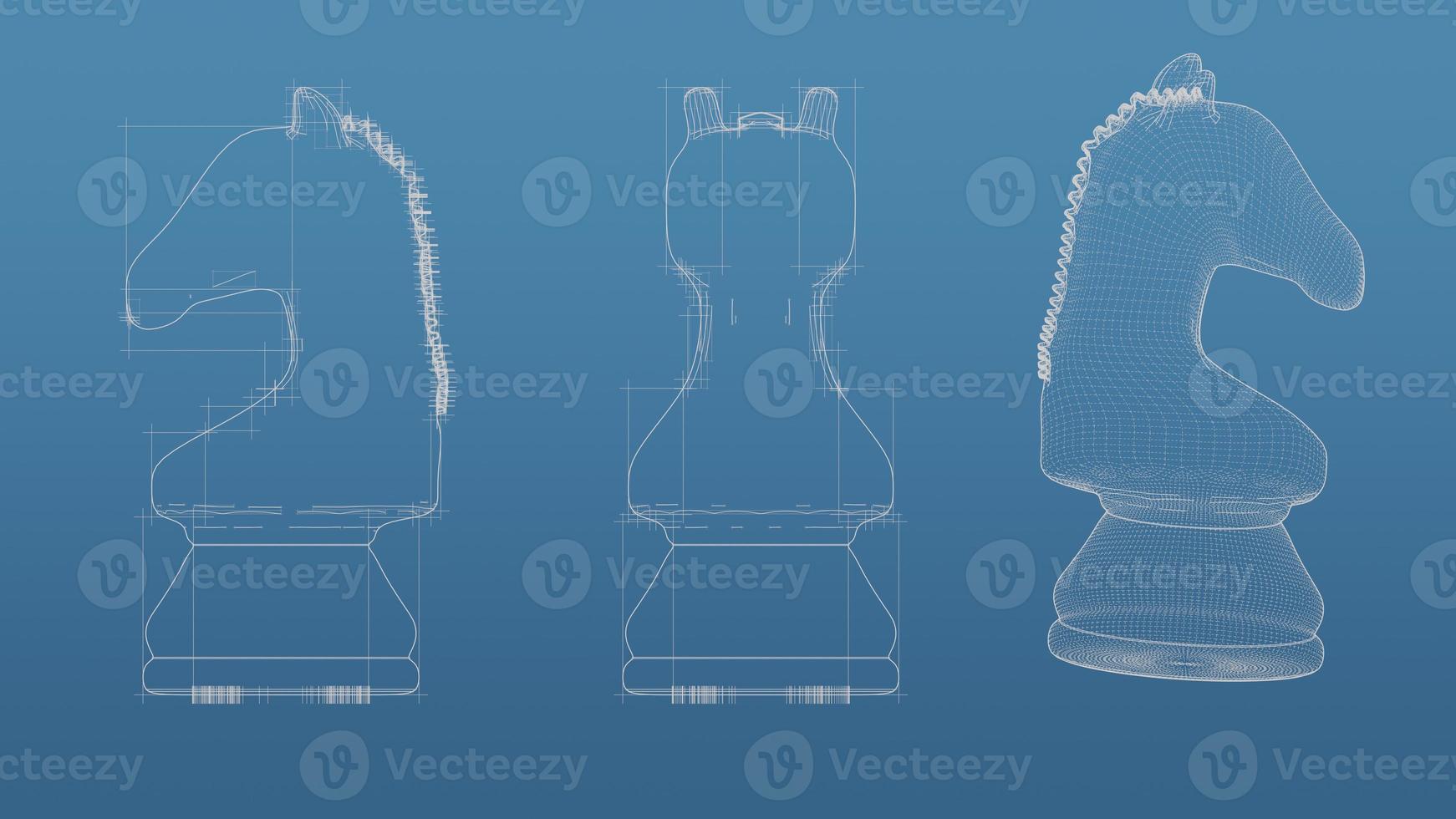 Schach 3D-Blaupause Mesh-Modell auf blauem Hintergrund. Vorderansicht orthografisches und perspektivisches Freistil-Rendering, 3D-Rendering foto