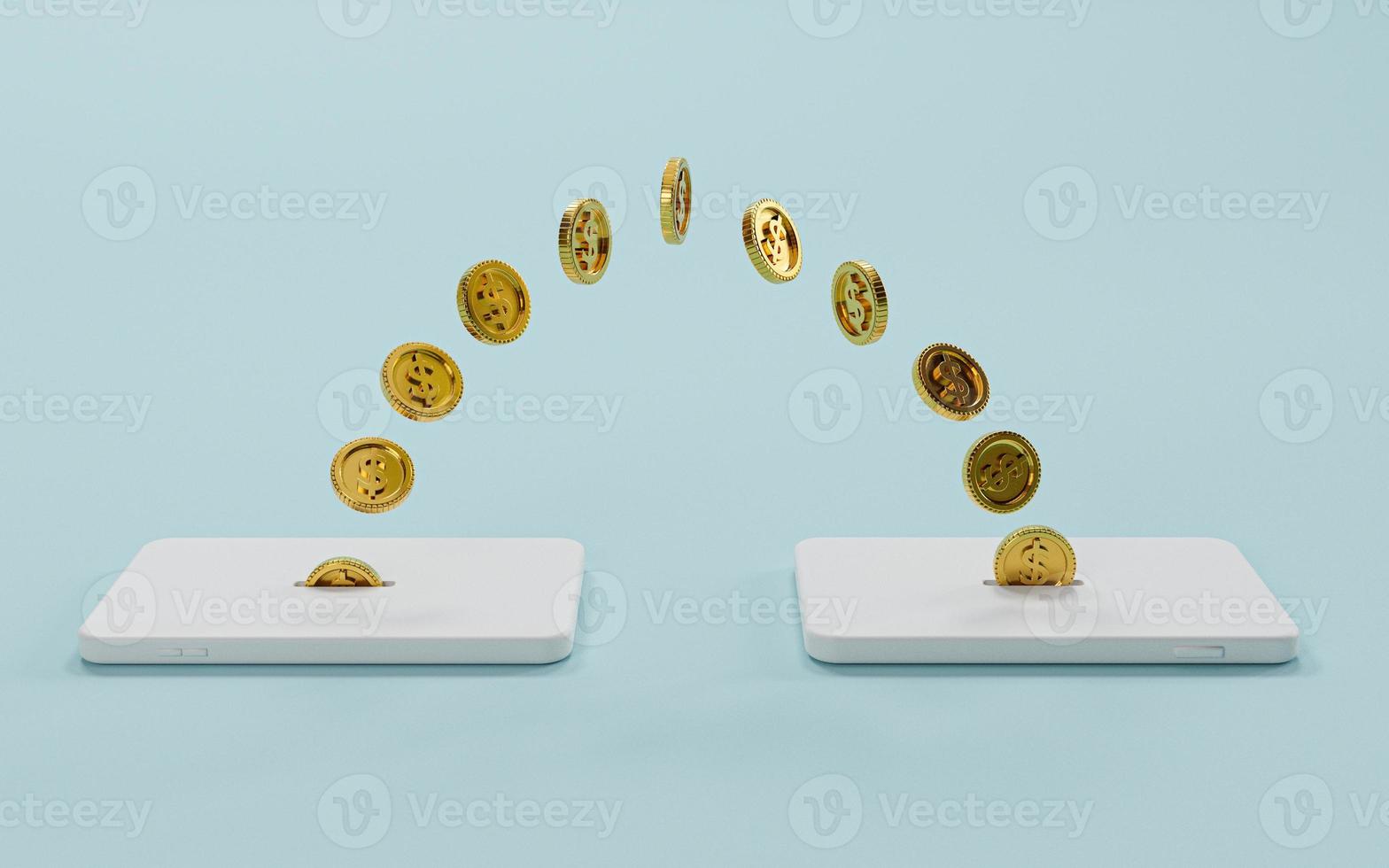 goldene münzen, die sich zwischen handy für geldtransfer und internet-mobilbanking oder elektronischem transaktionskonzept durch 3d-rendering bewegen. foto