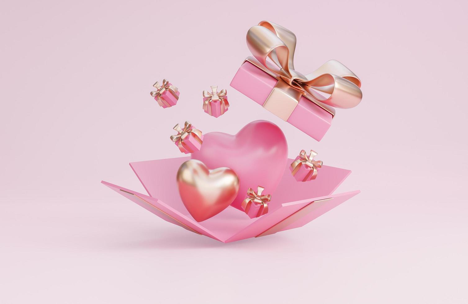 Happy Valentine's Day Banner mit offener Geschenkbox, 3D-Herzen und romantischen Valentinstagsdekorationen auf rosa Hintergrund.,3D-Modell und Illustration. foto