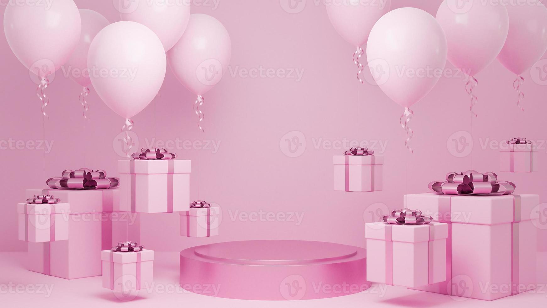 viele geschenkboxen fliegen in der luft mit ballon und podium rosa pastellhintergrund.,weihnachten und frohes neues jahr hintergrundkonzept.,3d-modell und illustration. foto