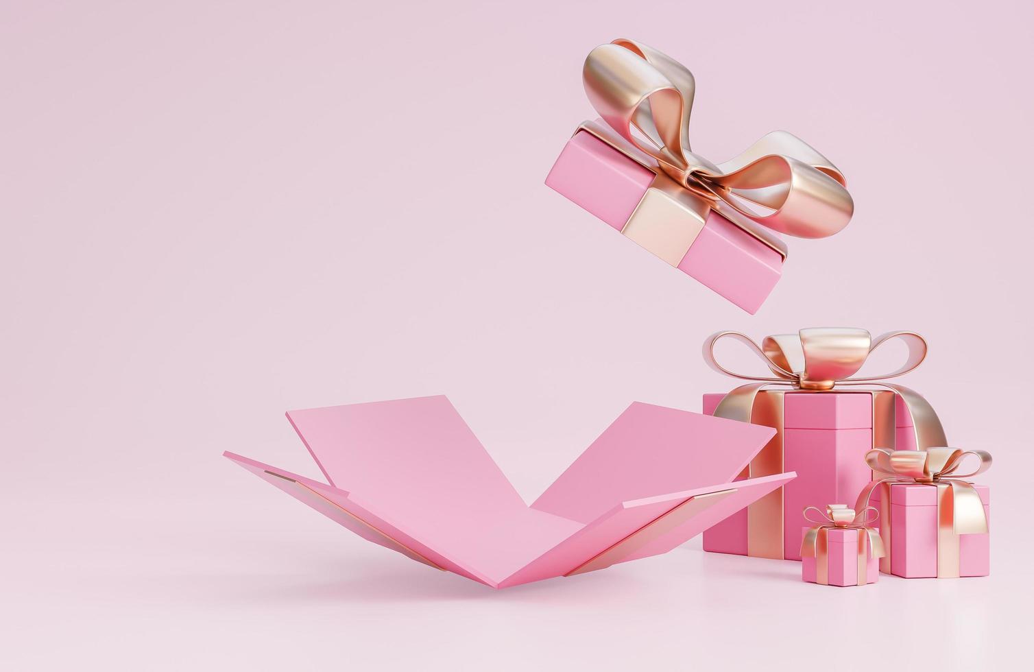 Happy Valentine's Day Banner mit offener rosa Geschenkbox und romantischen Valentinstagsdekorationen auf rosa Hintergrund.,3D-Modell und Illustration. foto