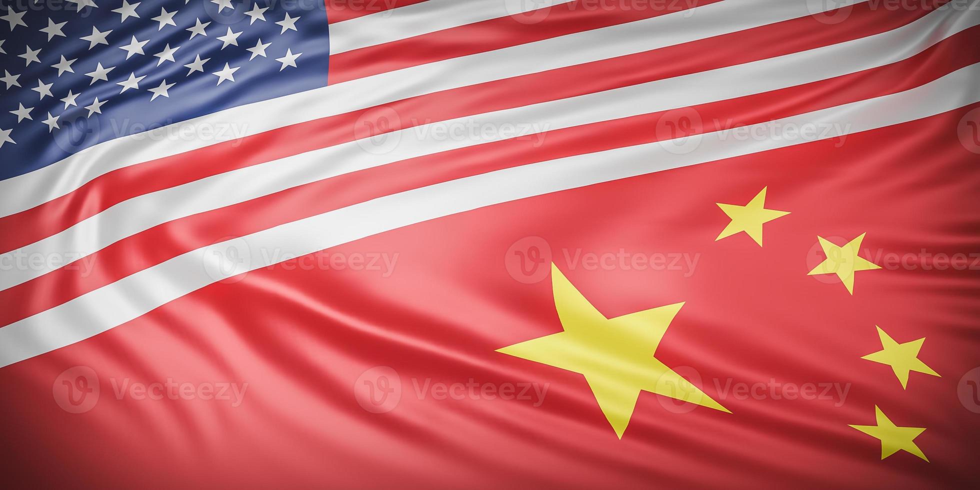 Schöne amerikanische und chinesische Flagge winken Nahaufnahme auf Bannerhintergrund mit Kopierraum., Konzept zusammenfügen., 3D-Modell und Illustration. foto