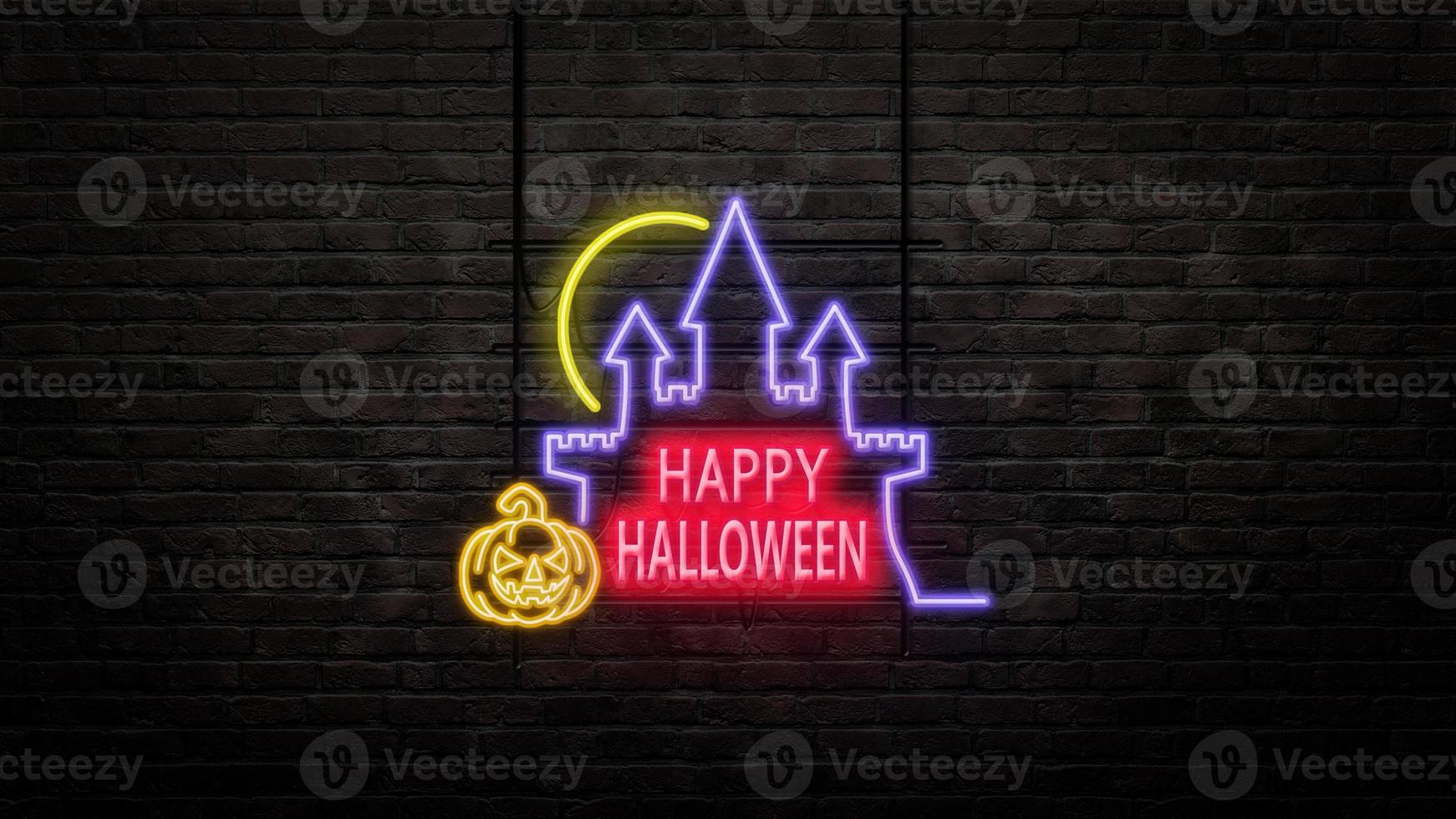 halloween-zeichenemblem im neonstil auf backsteinmauerhintergrund foto