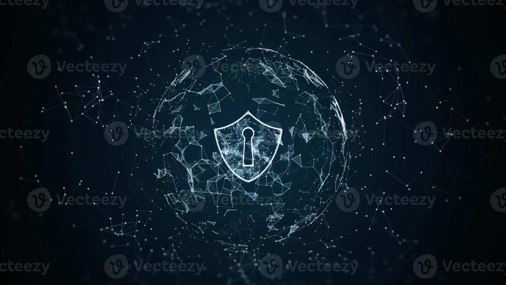 Schildsymbol auf sicherem globalen Netzwerk, Cybersicherheit und Informationsnetzwerkschutz, zukünftiges Technologienetzwerk für Geschäfts- und Internetmarketing, digitaler abstrakter Hintergrund. foto