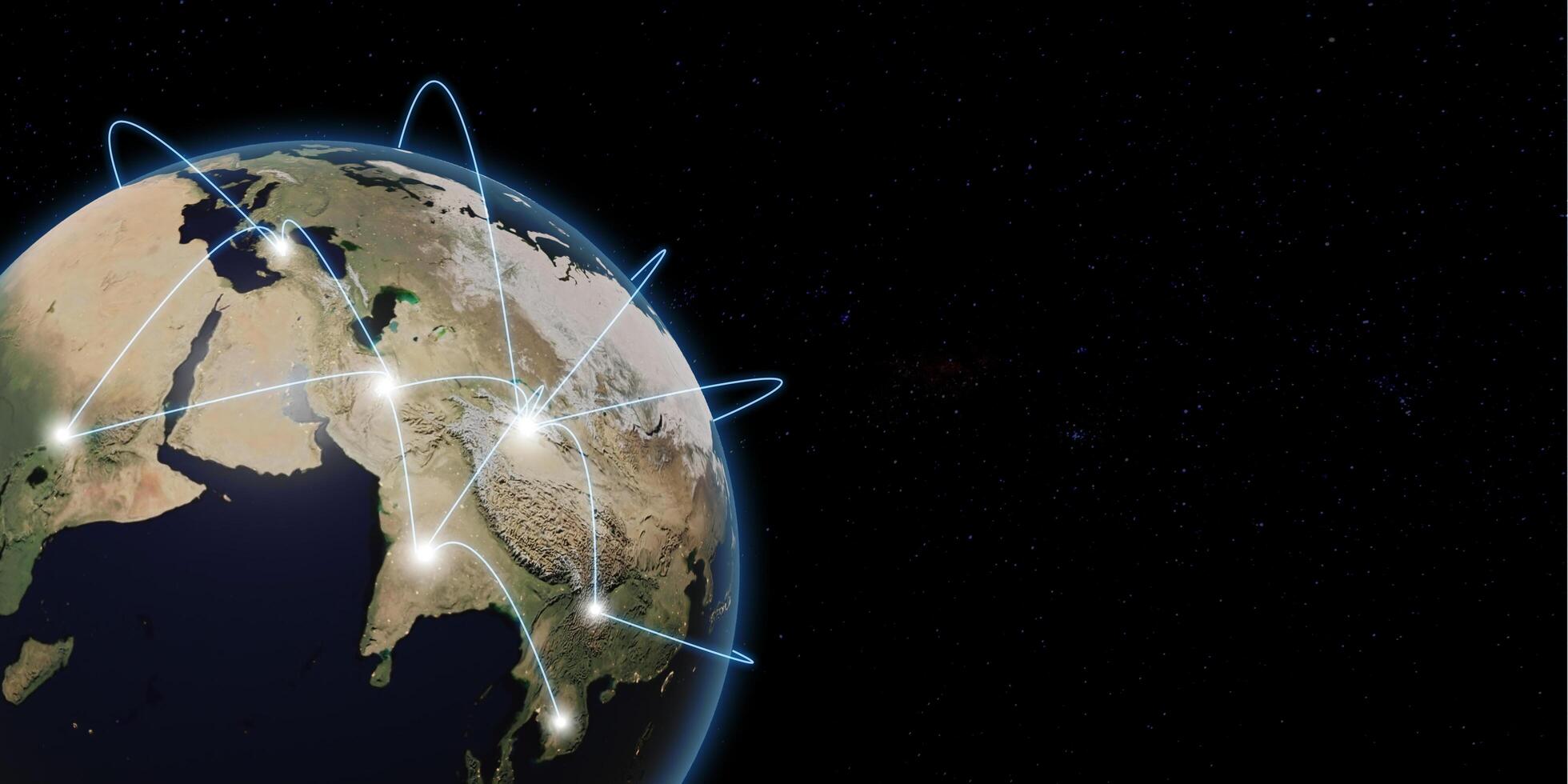 Verbindungen rund um den Planeten Erde bei Nacht aus dem Weltraum, Städte, die rund um den Globus durch glänzende Linien verbunden sind, internationale Reisen oder globale Geschäftsfinanzierung, weltweite Konnektivität foto