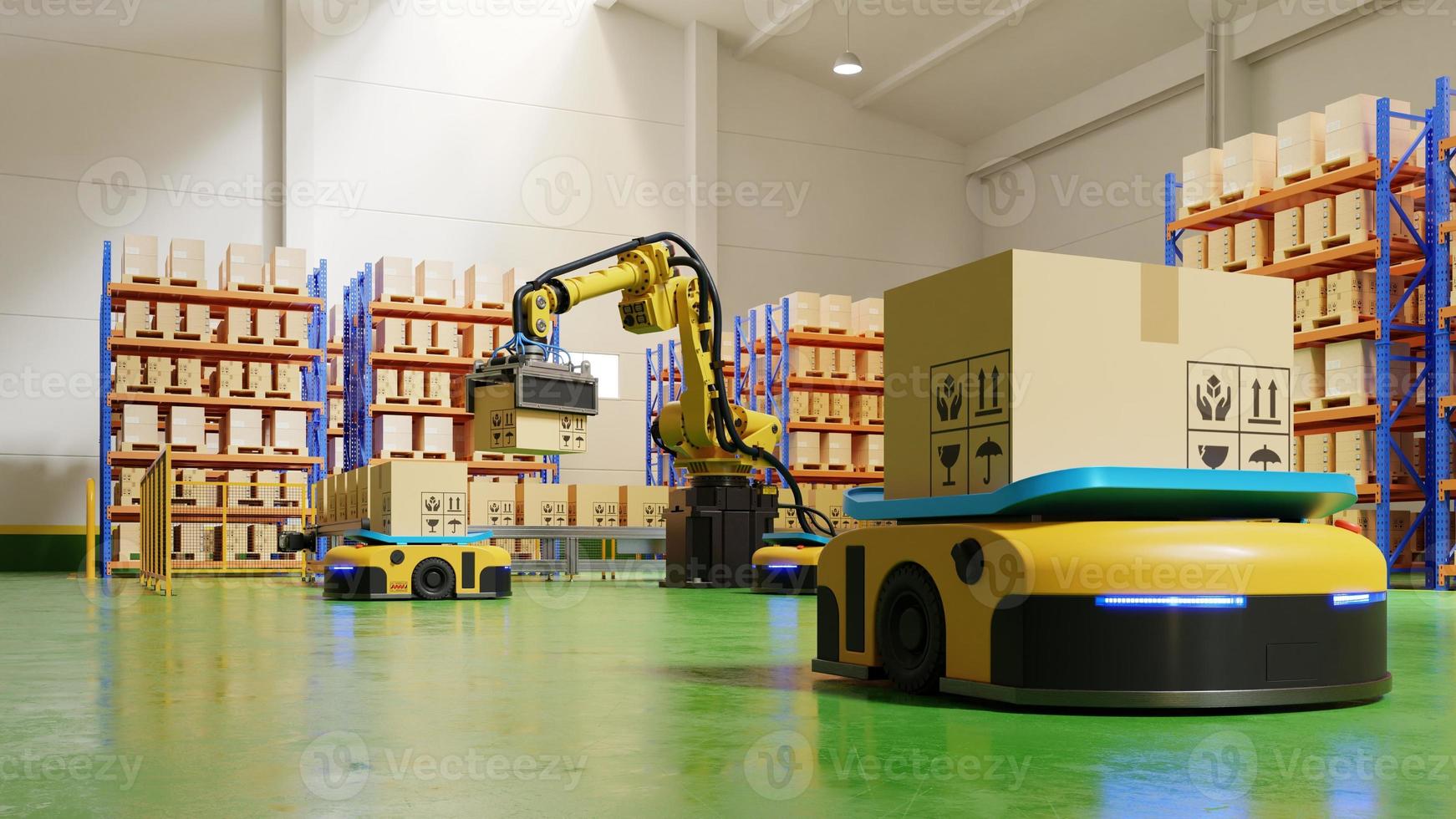 fabrikautomation mit agv und roboterarm im transport, um den transport sicherer zu machen. foto