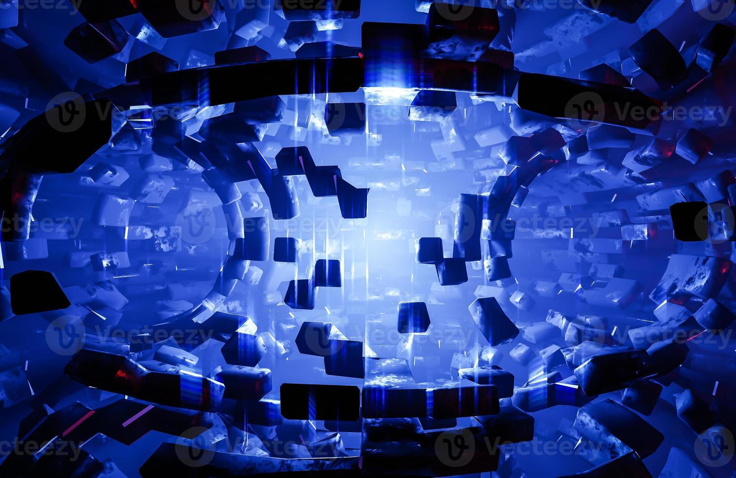 Abstrakter geometrischer Hintergrund Sci-Fi-Konstruktion einer Röhre oder Raumstation blau leuchtendes Licht., 3D-Modell und Illustration. foto