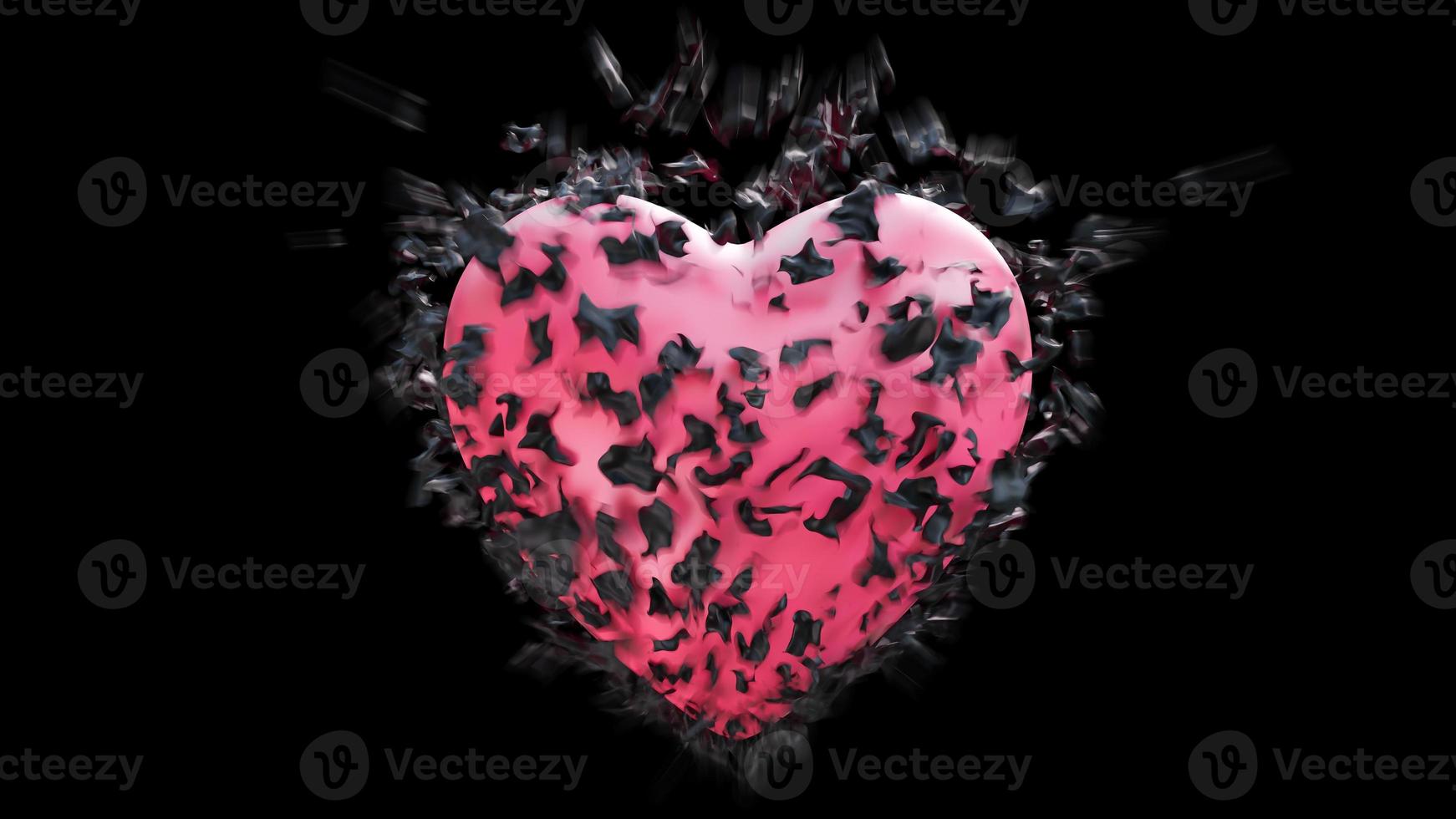 Schwarze Herzzerfallsschale in rosafarbenem Herzen auf schwarzem Hintergrund. , 3D-Modell und Illustration. foto