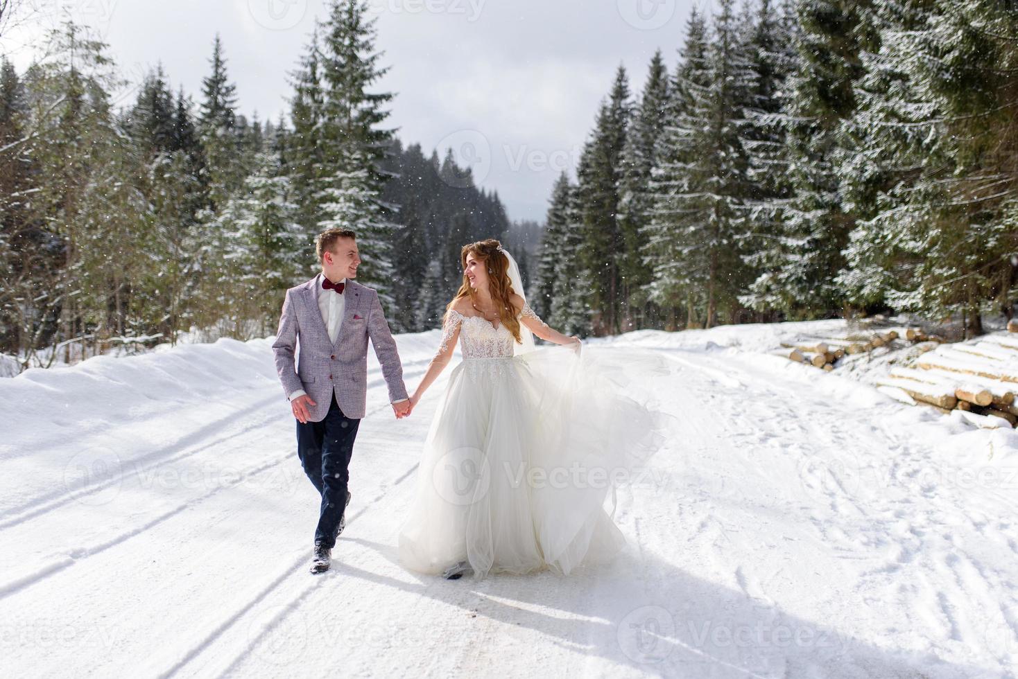 der bräutigam führt seine braut an der hand zu einer einsamen alten buche. Winterhochzeit. Platz für ein Logo. foto