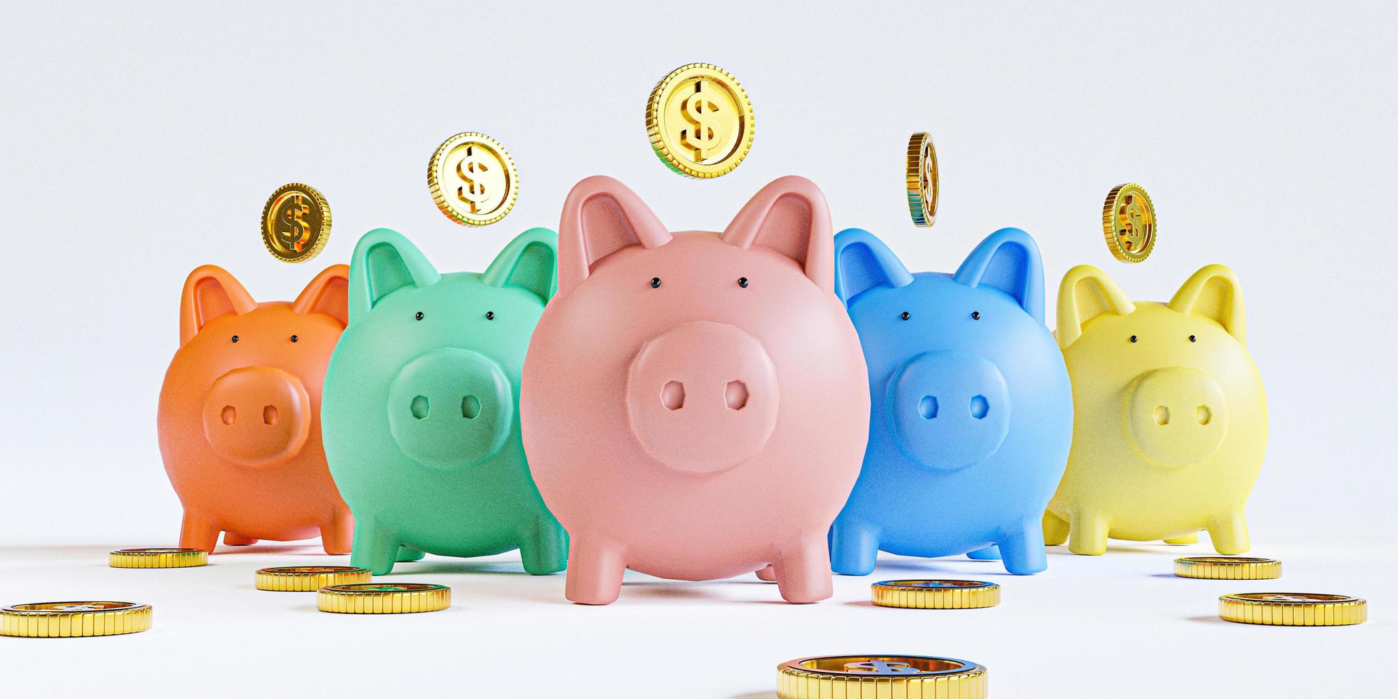 goldene münzen, die auf verschiedene farbschweinchen gesetzt werden, sparen geld auf weißem hintergrund für einzahlungs- und finanzsparwachstumskonzept durch 3d-rendering. foto
