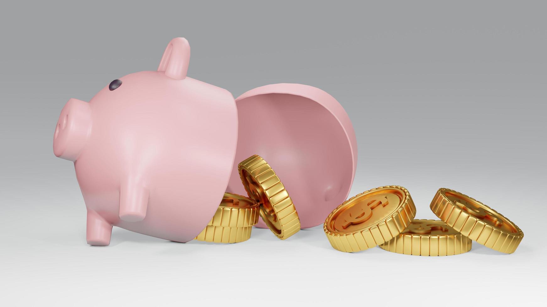 3D-Rendering-Konzept eines kaputten Sparschweins mit goldenen Münzen auf weißem Hintergrund. 3D-Rendering. foto