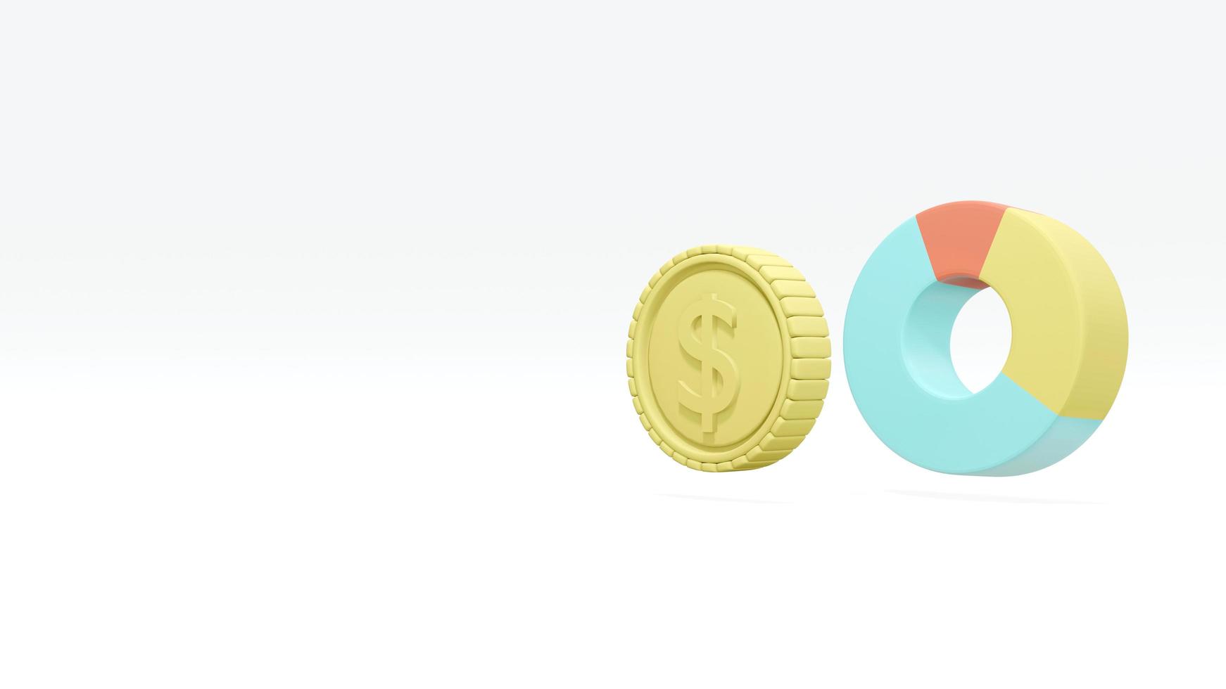 3D-Rendering-Konzept der Geldanlage. eine Münze und ein Tortendiagramm auf weißem Hintergrund. 3D-Rendering. foto