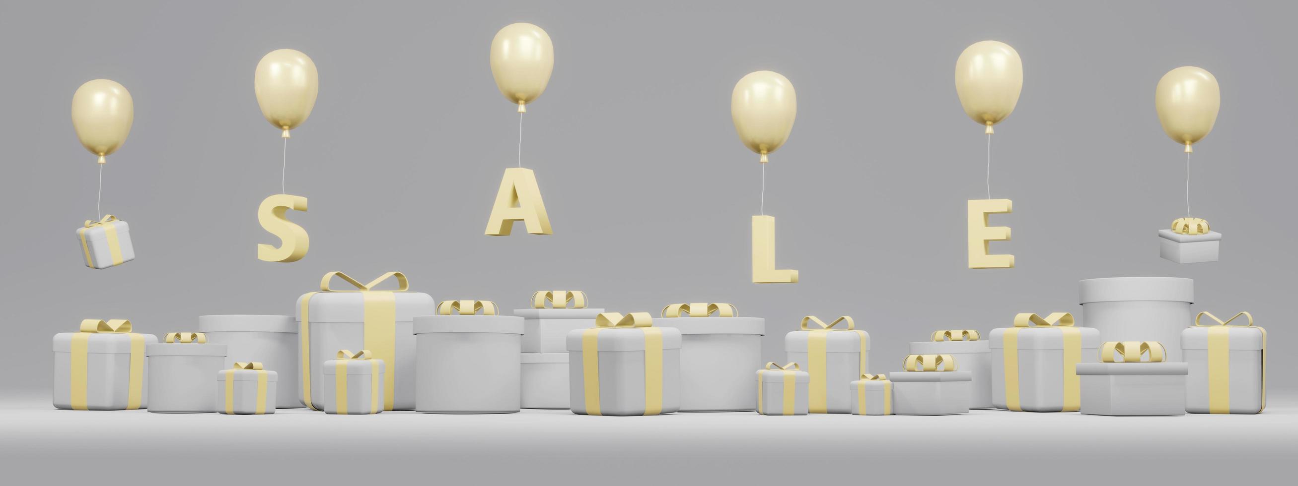 3D-Rendering-Konzept des Online-Shoppings. geschenkboxen, luftballons und textverkauf, die aus den boxen auf dem hintergrund im grauen und gelben thema für kommerzielles design herausfliegen. 3D-Rendering. foto