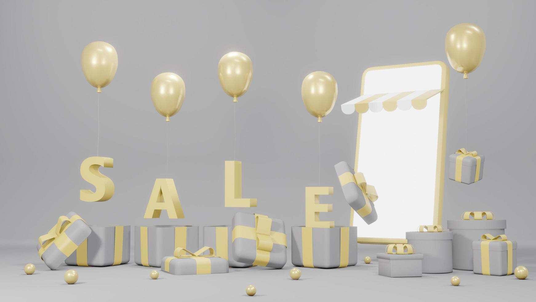 3D-Rendering-Konzept von E-Commerce, Online-Shopping. smartphone mit geschenkboxen, luftballons und textverkauf, der auf hintergrund für kommerzielles design schwimmt. graues und gelbes Thema. 3D-Rendering. foto