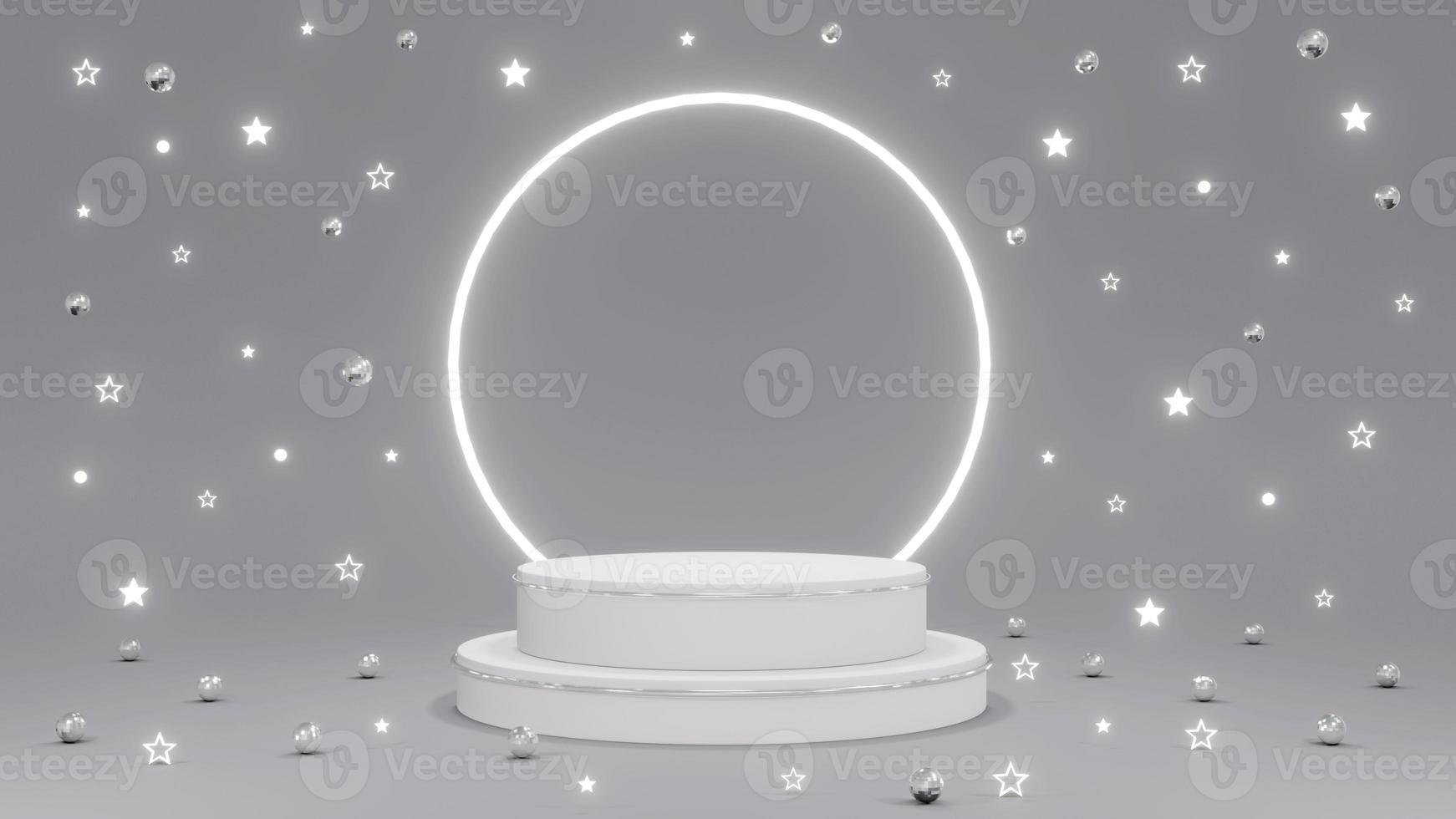 3D-Rendering-Konzept eines weißen Podiums mit glänzenden Sternen, rundem Ballon, Geschenken und einem leuchtenden Ring auf grauem Hintergrund für kommerzielles Produktdisplay-Design. 3D-Rendering. foto