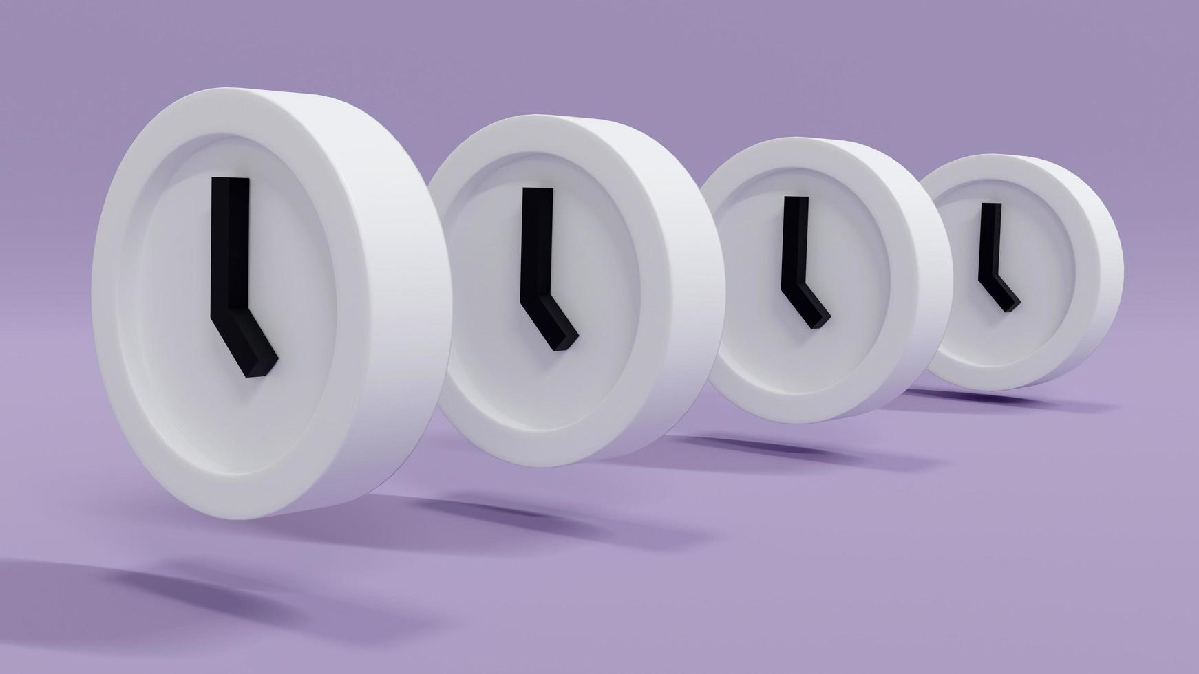 3D-Rendering-Konzept des Zeitmanagements. angeordnete Uhren in einer geraden Reihe auf dem Hintergrund foto