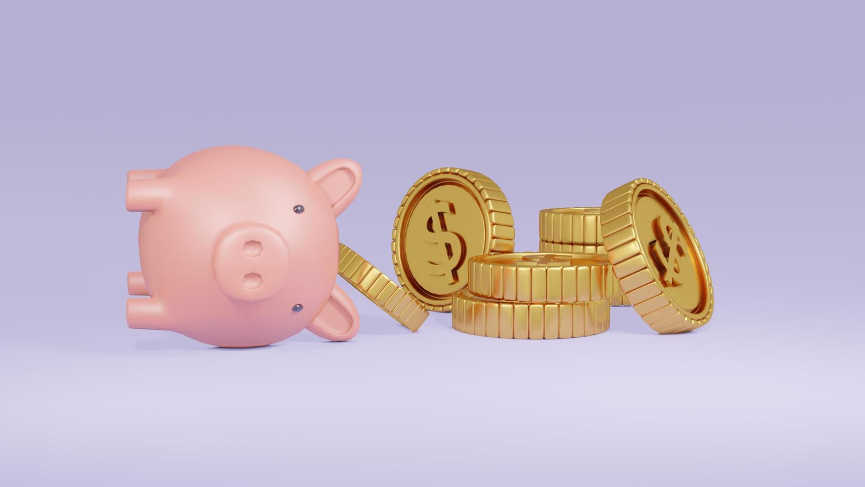 3D-Rendering-Konzept eines Sparschweins, das auf dem Boden versagt, und einer goldenen Münze, die mit Münzstapeln herauskommt. 3D-Rendering. foto