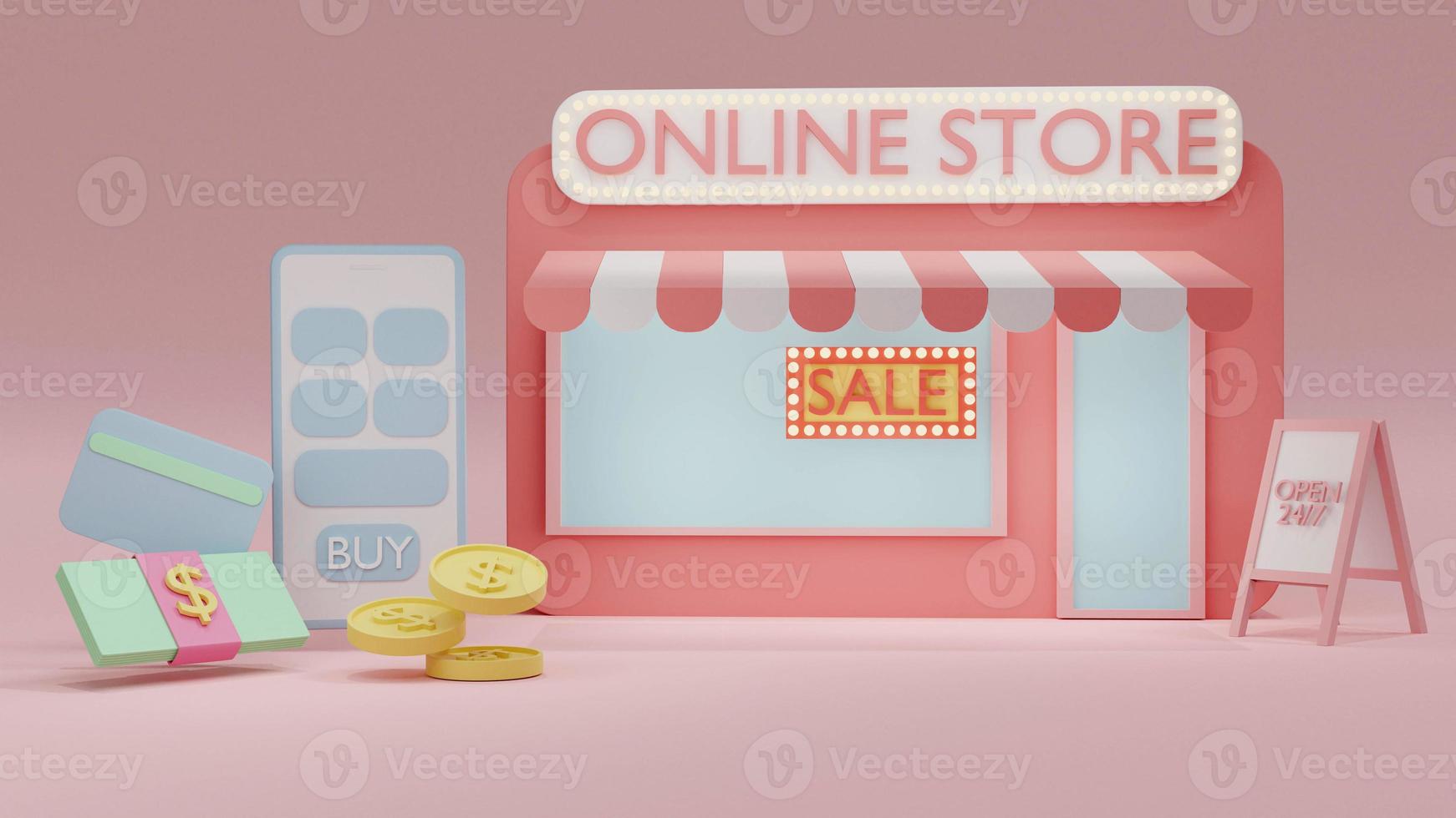 3D-Rendering-Konzept des Online-Shoppings. Vorderansicht des Online-Shops mit Verkaufsschild, Smartphone, Dollarschein, Kreditkarte, Münzen im Hintergrund. 3D-Rendering. 3D-Darstellung. foto