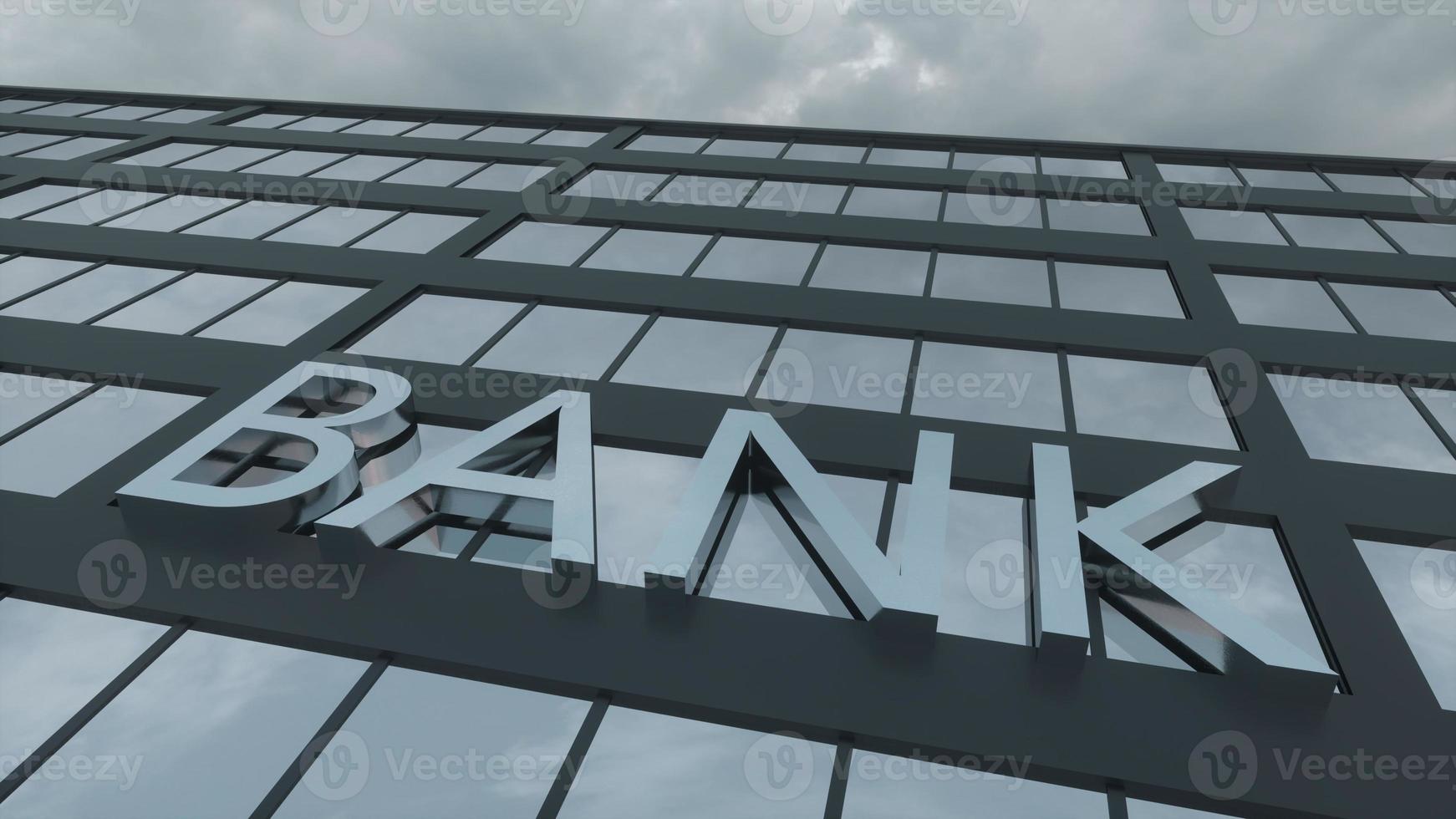 Bankschild auf einem modernen Wolkenkratzer aus Glas. gespiegelter Himmel und Stadt auf moderner Fassade. Geschäfts- und Finanzkonzept. 3D-Darstellung foto