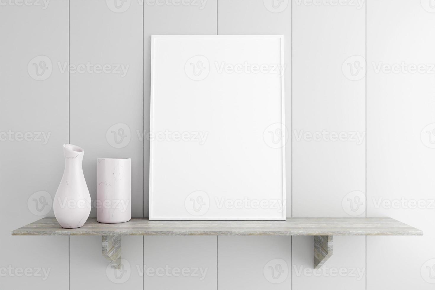 minimalistisches und sauberes vertikales weißes plakat oder fotorahmenmodell auf dem marmortisch im wohnzimmer. 3D-Rendering. foto