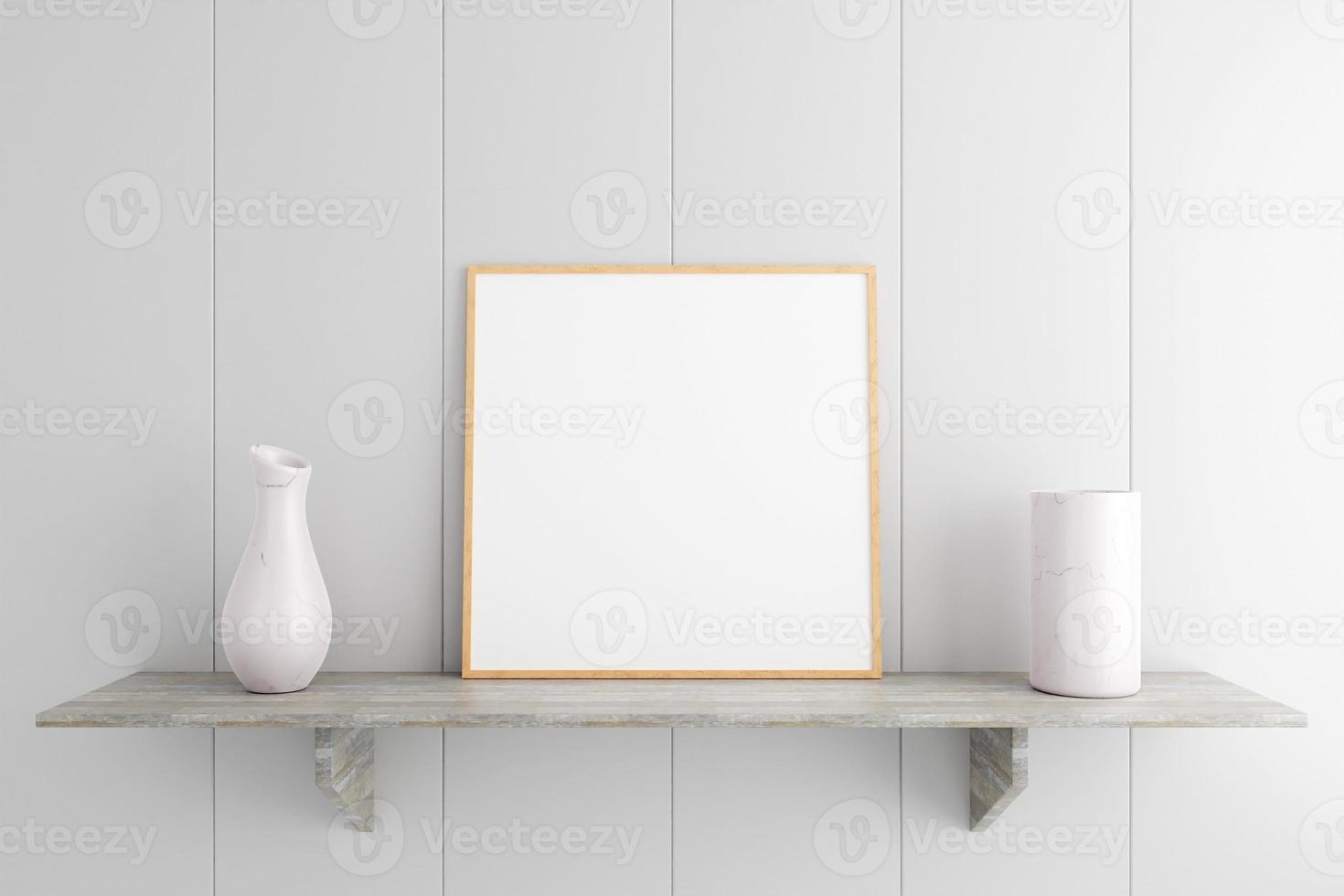 minimalistisches und sauberes quadratisches holzplakat oder fotorahmenmodell auf dem marmortisch im wohnzimmer. 3D-Rendering. foto