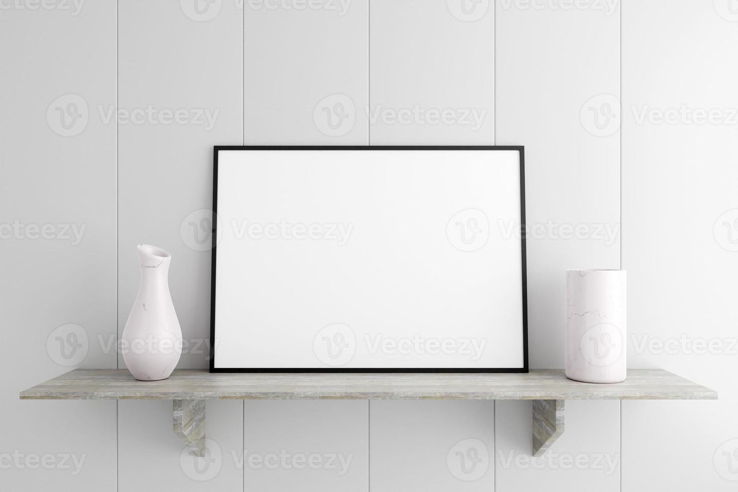 minimalistisches und sauberes horizontales schwarzes Poster oder Fotorahmen-Modell auf dem Marmortisch im Zimmer. 3D-Rendering. foto