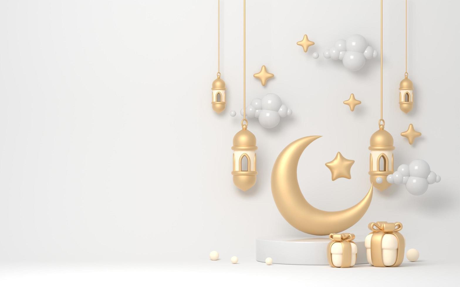 3d-ramadan-illustration mit goldener islamischer laterne und halbmond auf podium foto
